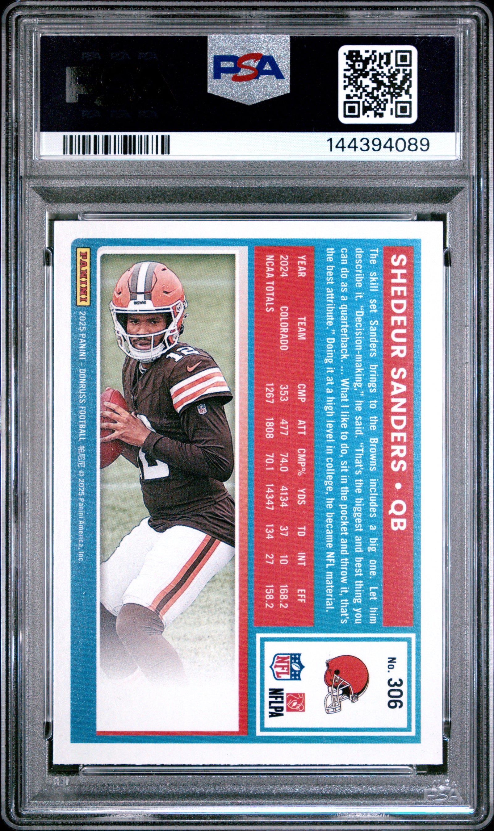 2025 Panini Donruss 306 Shedeur Sanders Press Proof Red PSA 9