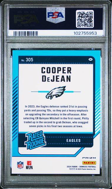 2024 Panini Donruss #305 Cooper DeJean Optic Preview-Red Pandora card graded PSA 10