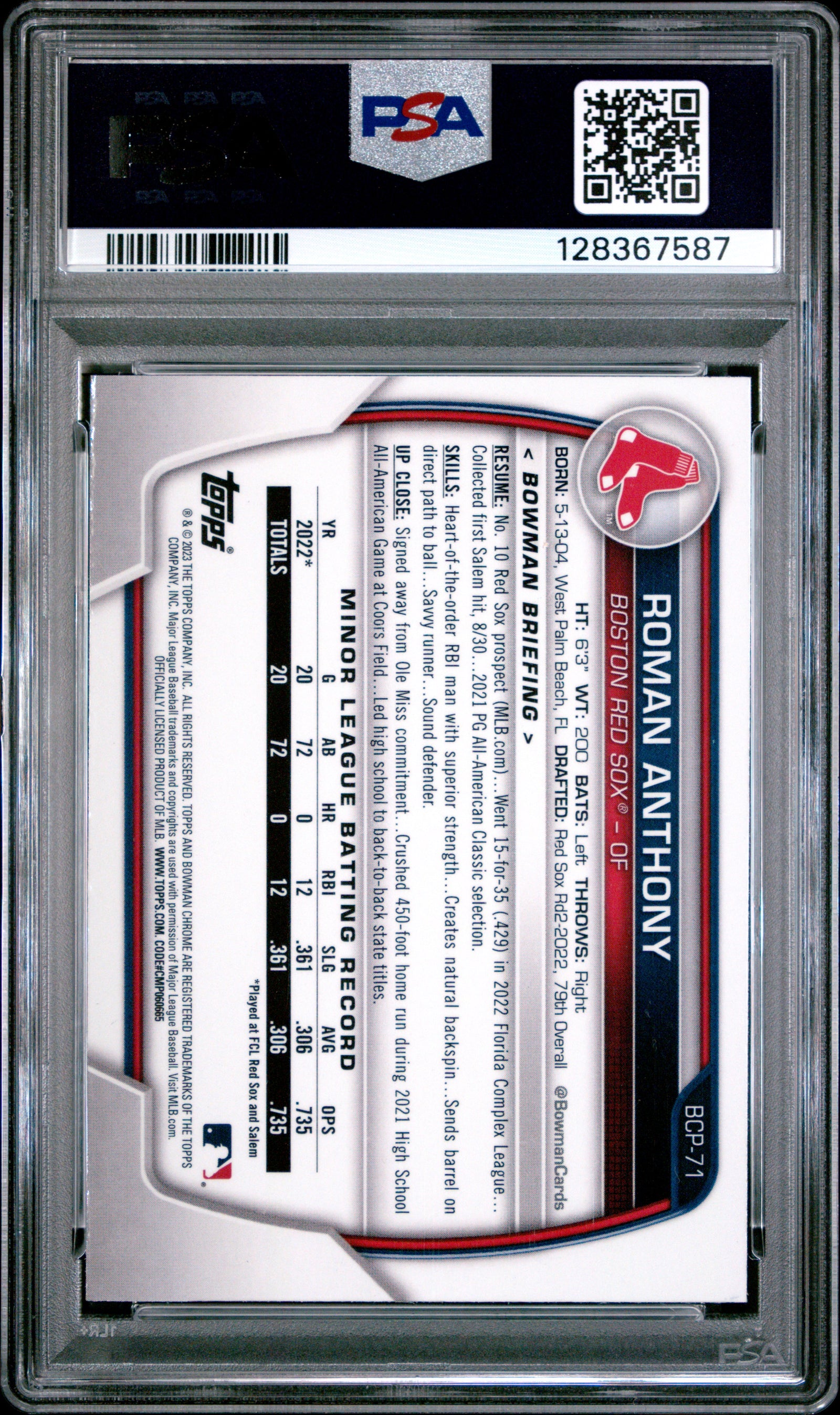 2023 Bowman Chrome Prospects Bcp71 Roman Anthony PSA 10