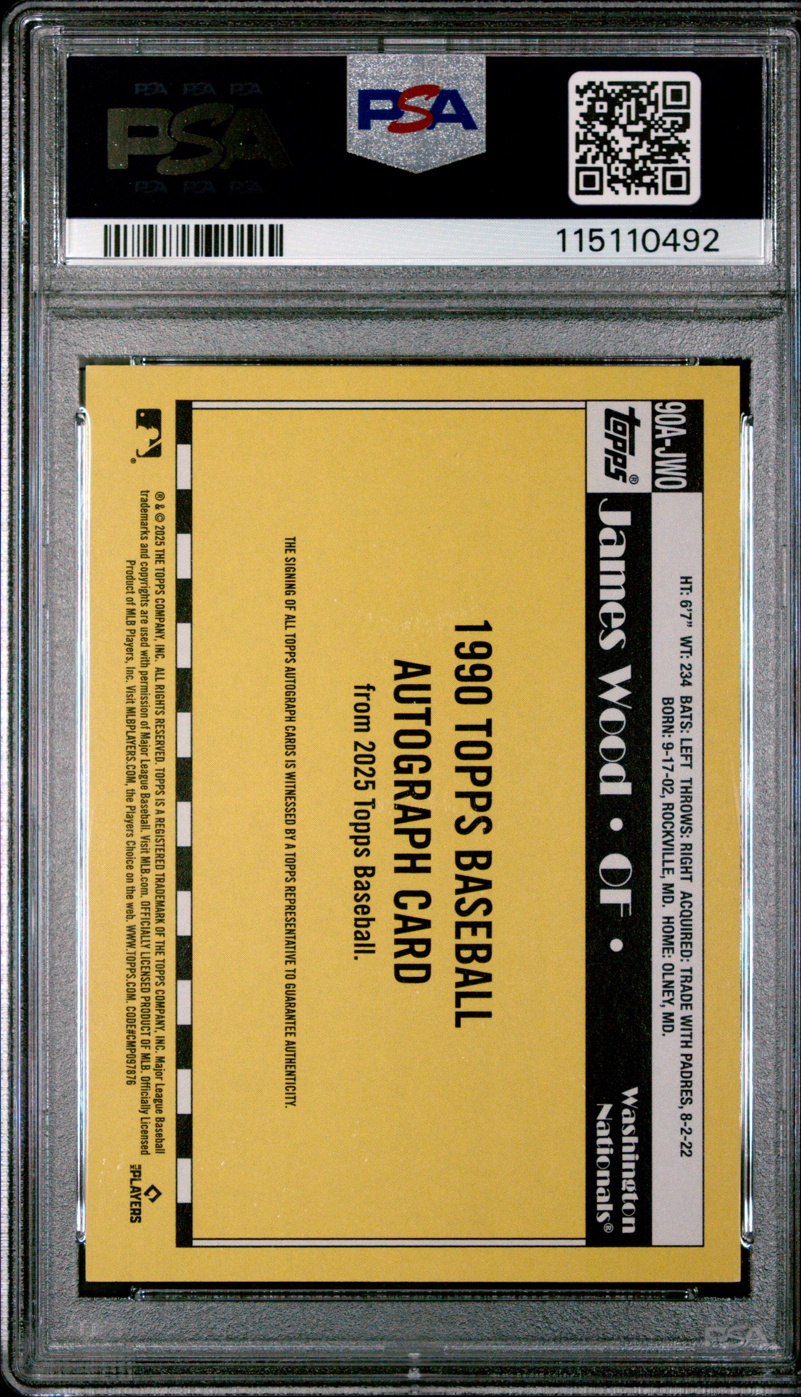 2025 Topps 1990 Topps Baseball Autographs 90AJWO James Wood  PSA 8