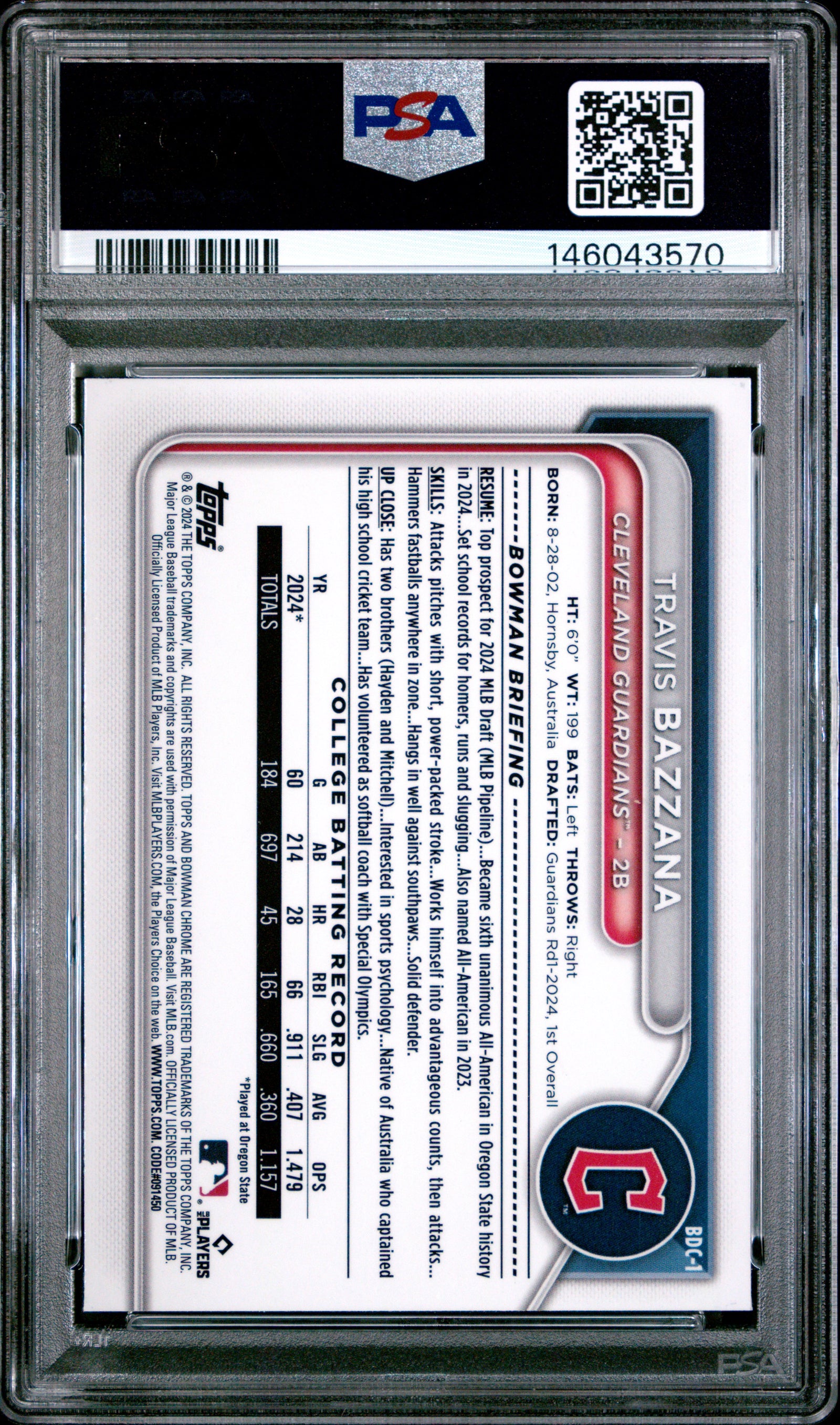 2024 Bowman Draft Bdc1 Travis Bazzana Chrome-Blue Refractor PSA 9