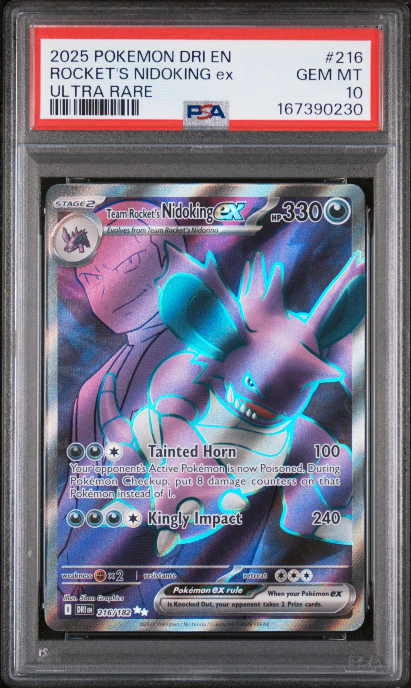 2025 POKEMON DRI EN-DESTINED RIVALS 216 TEAM ROCKET'S NIDOKING EX ULTRA RARE PSA 10 - front