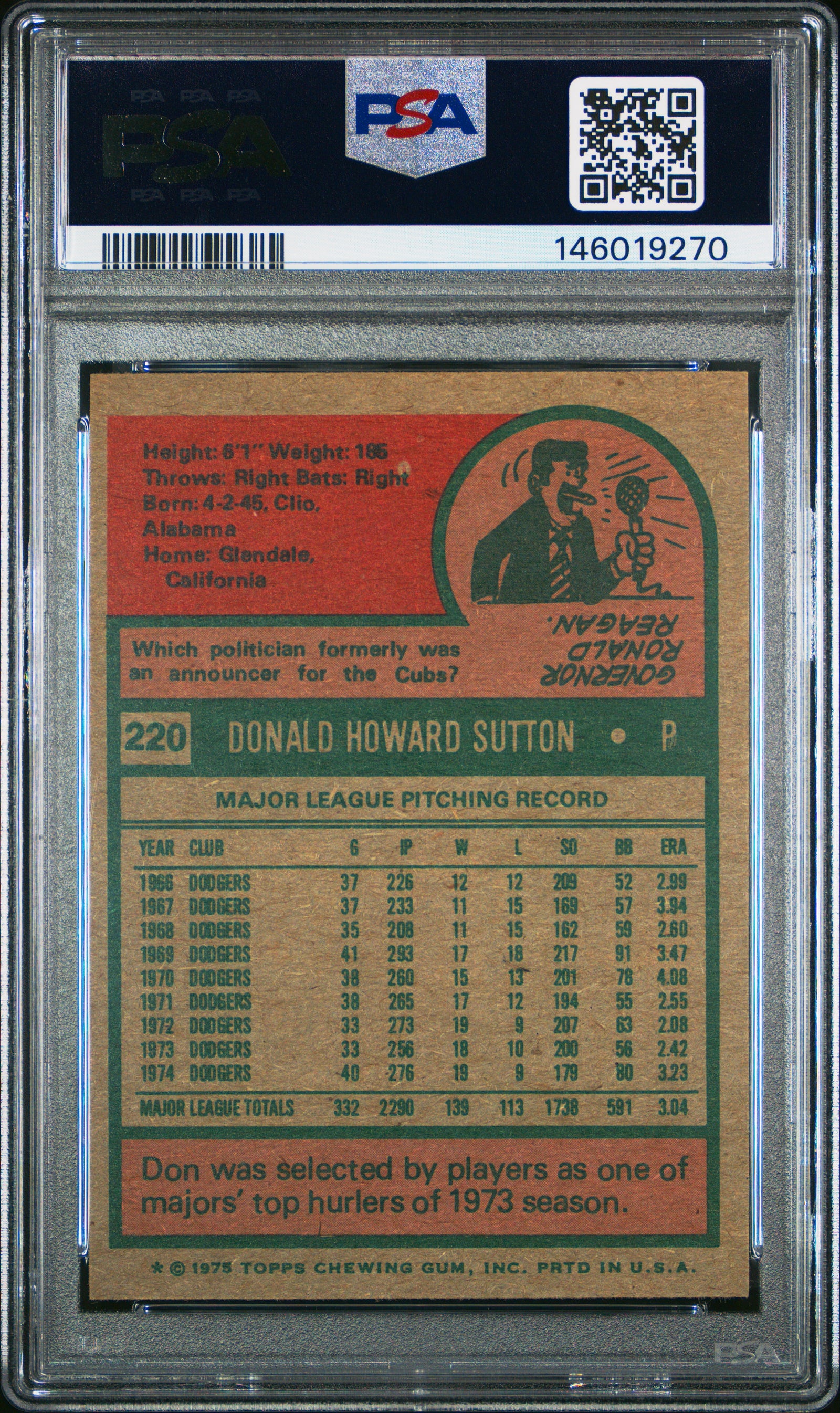1975 Topps 220 Don Sutton PSA 8