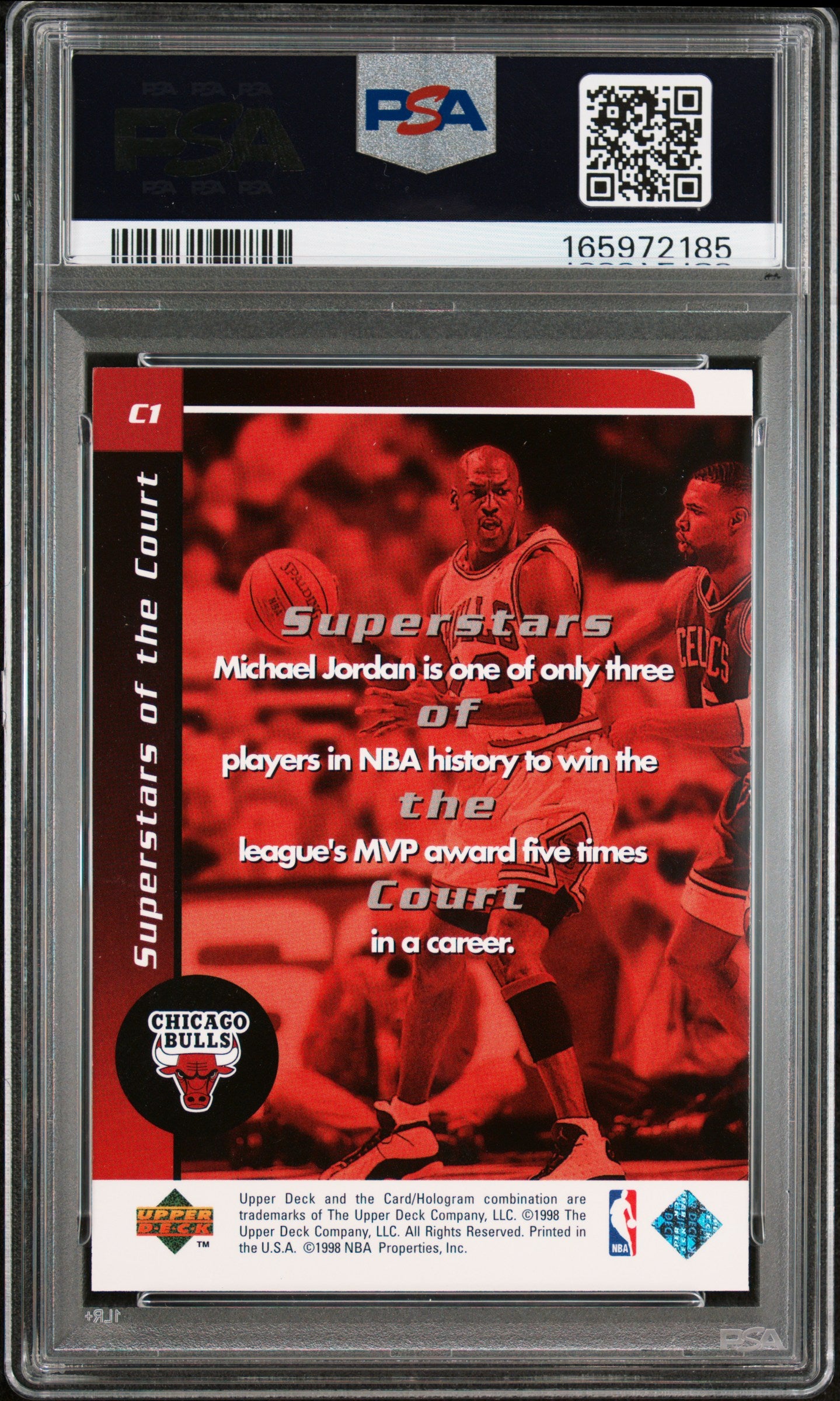 1998 UPPER DECK OVATION SUPERSTARS OF THE COURT C1 MICHAEL JORDAN PSA 7 - back