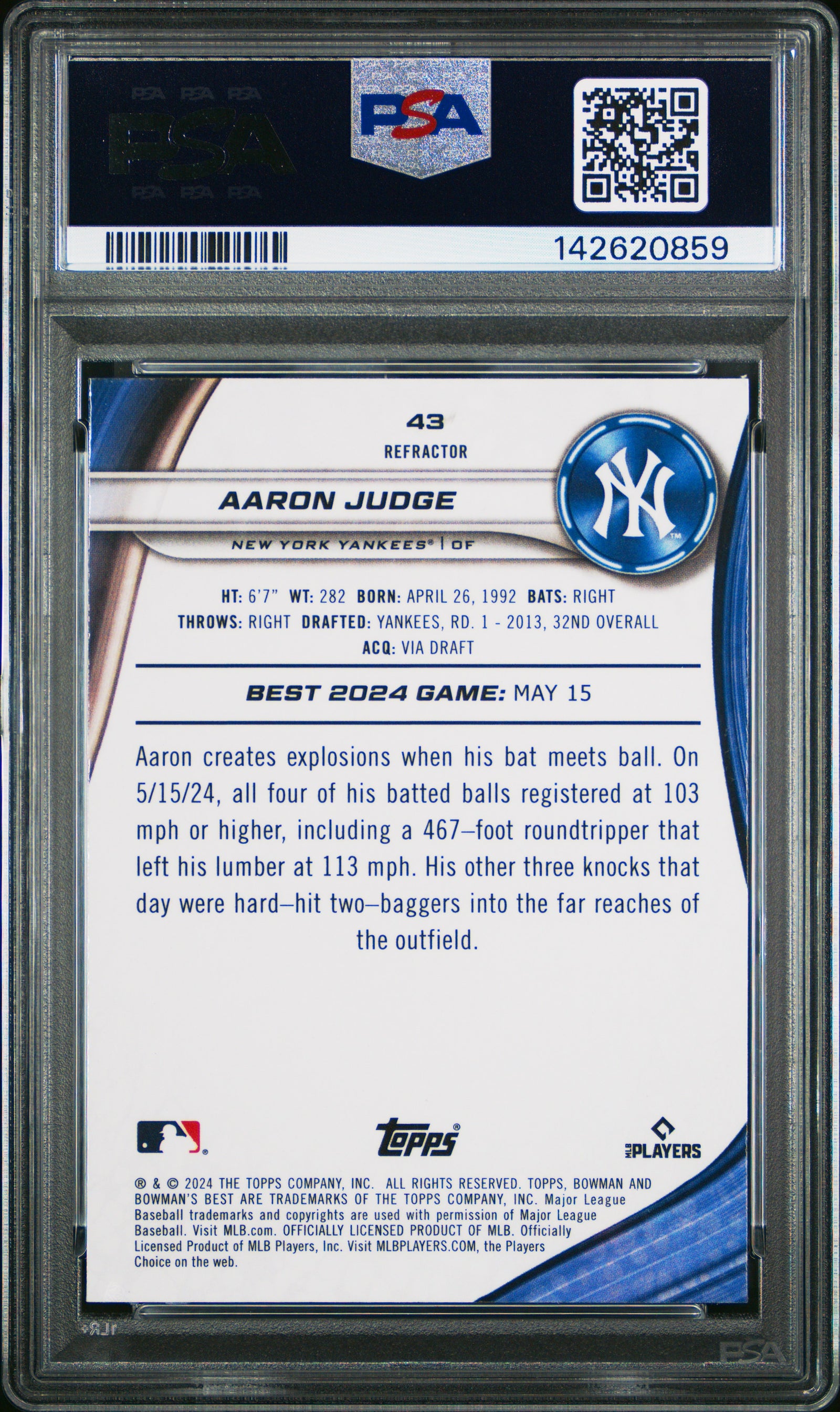 2024 Bowman'S Best 43 Aaron Judge Refractor PSA 10