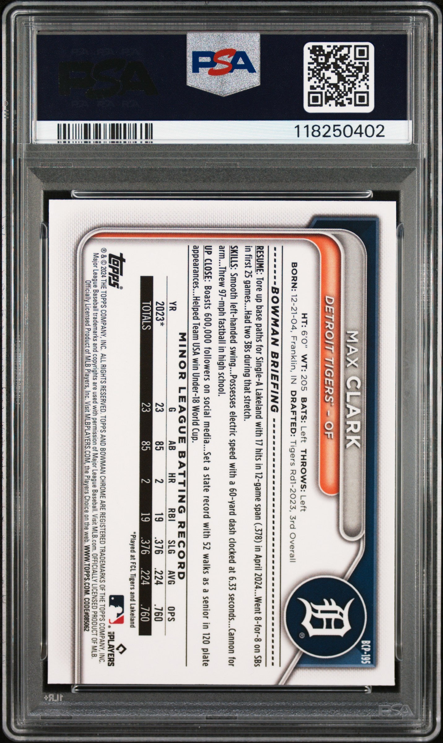 2024 Bowman Chrome Sapphire Edition Prospects 195 Max Clark Orange PSA 10