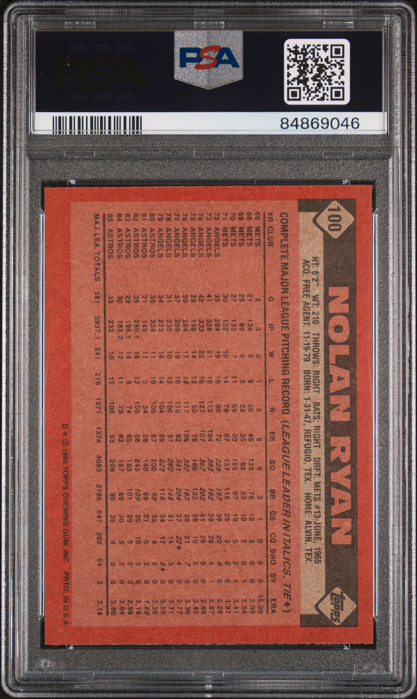 1986 TOPPS 100 NOLAN RYAN PSA 8 - back
