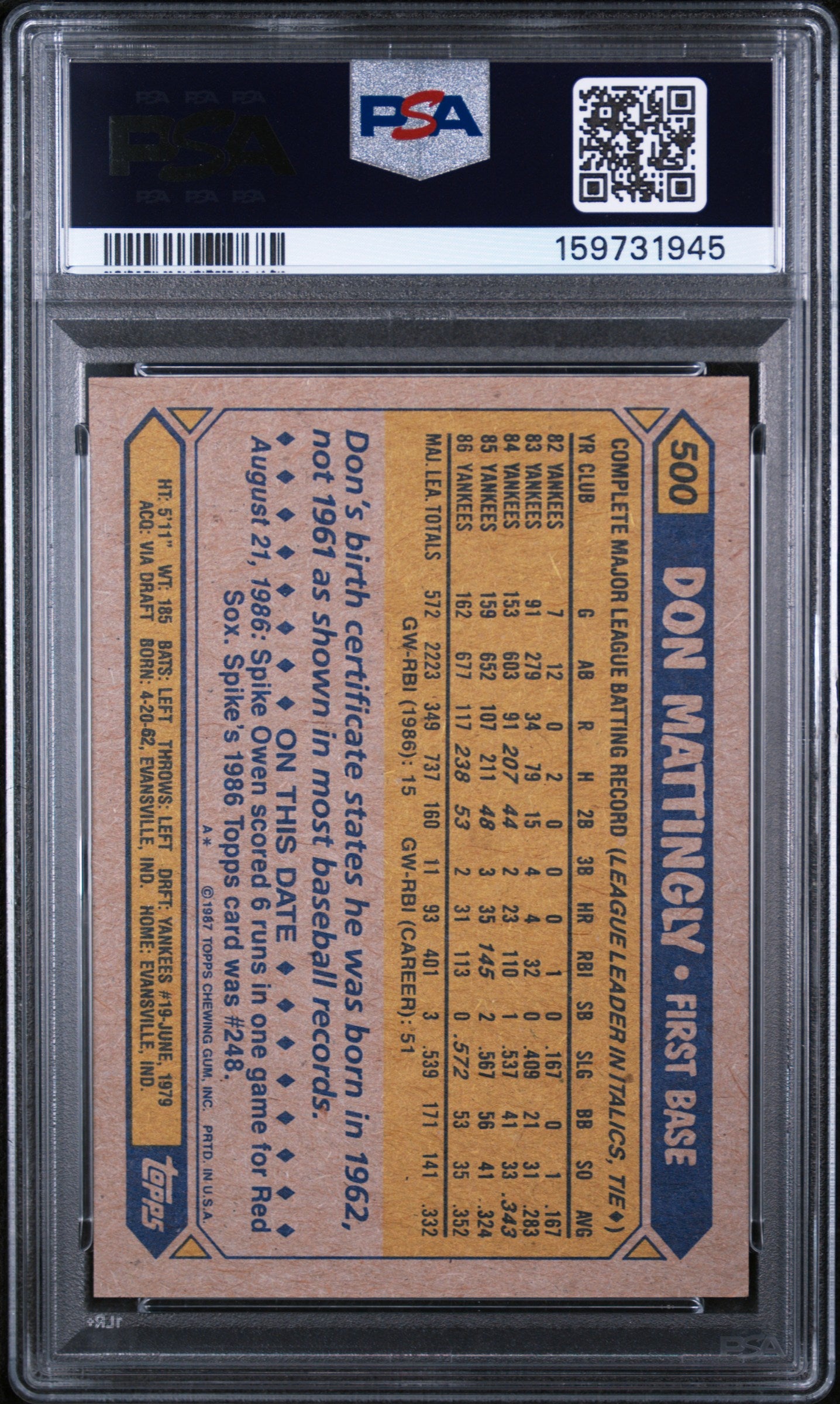 1987 TOPPS 500 DON MATTINGLY PSA 9 - back
