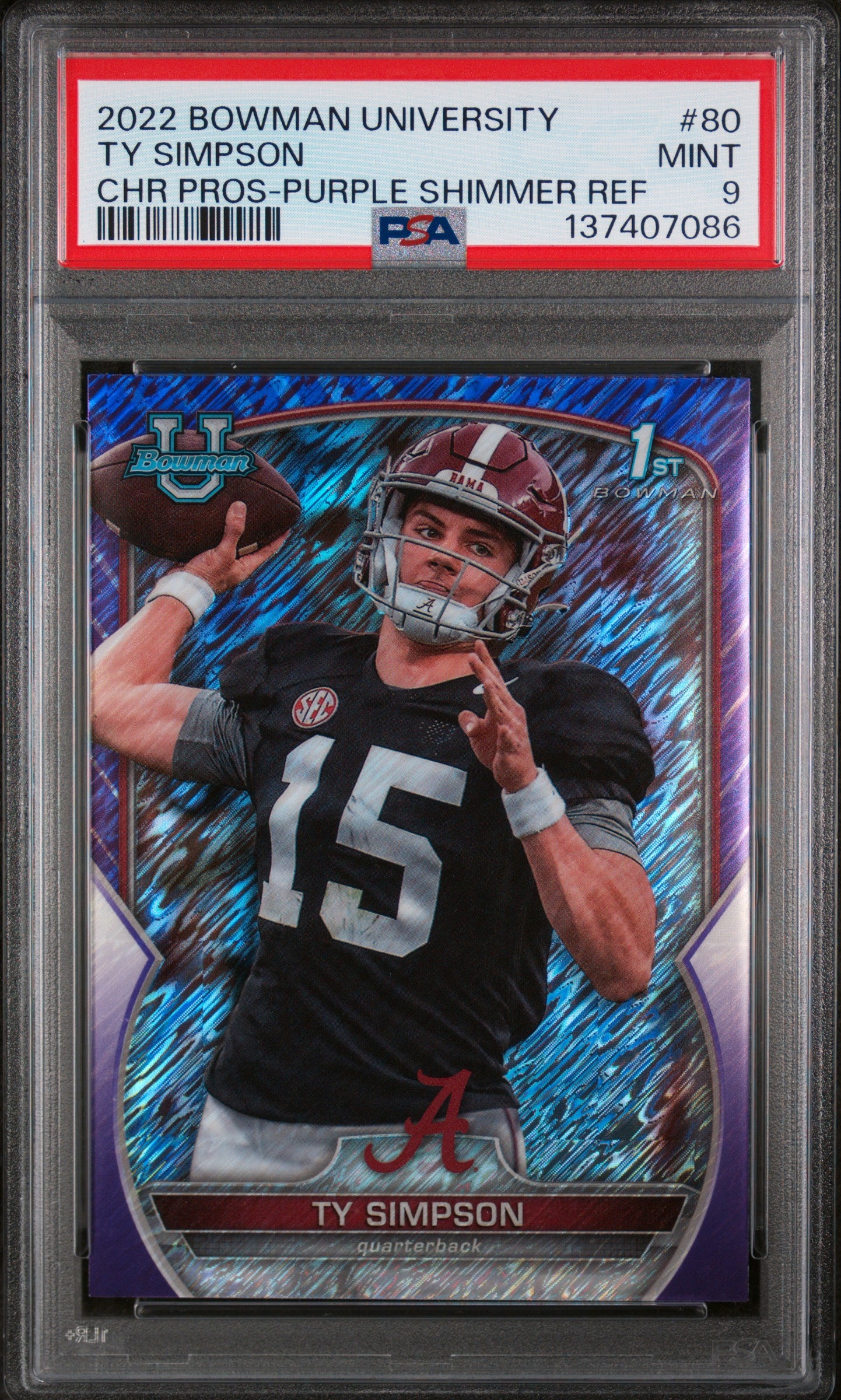 2022 Bowman University Chrome Prospects 80 Ty Simpson Purple Shimmer Refractor PSA 9