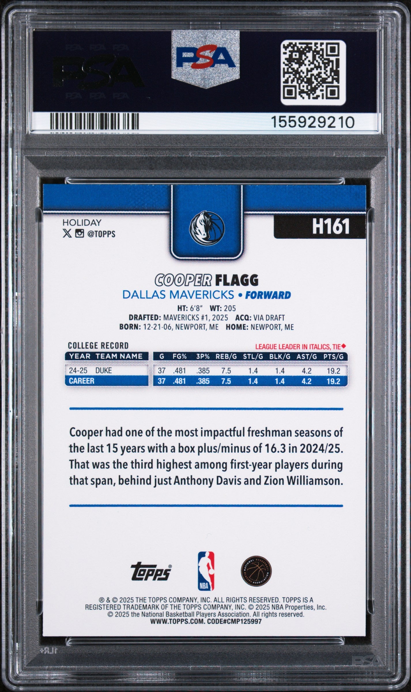 2025 TOPPS HOLIDAY H161 COOPER FLAGG PSA 7 - back