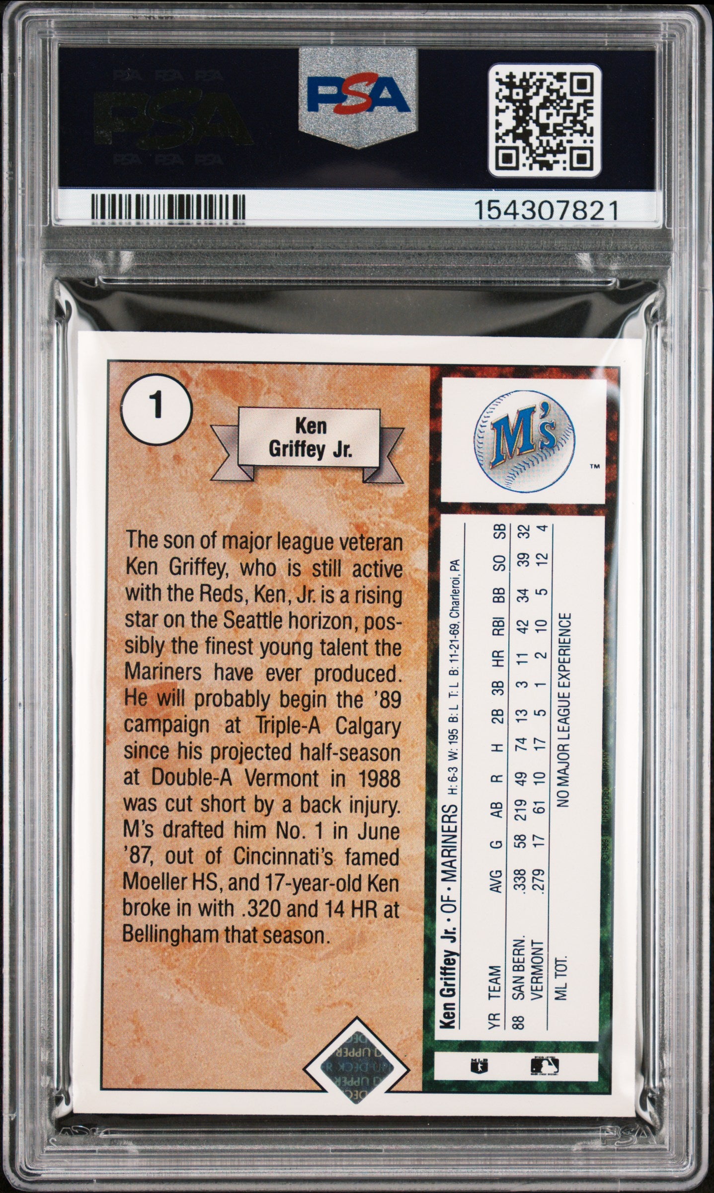 1989 UPPER DECK 1 KEN GRIFFEY JR. STAR ROOKIE PSA 7 - back