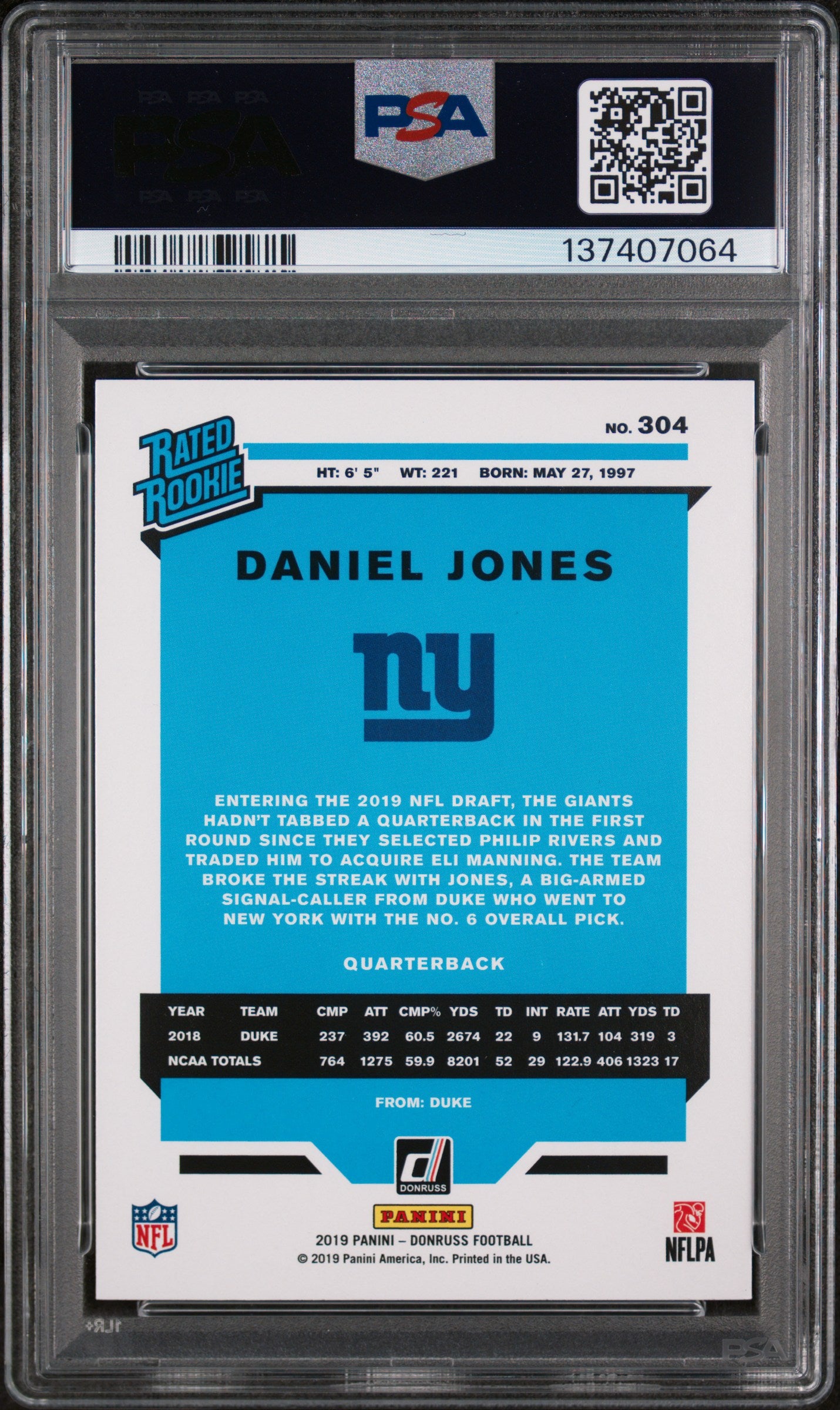 2019 Panini Donruss #304 Daniel Jones PSA 9