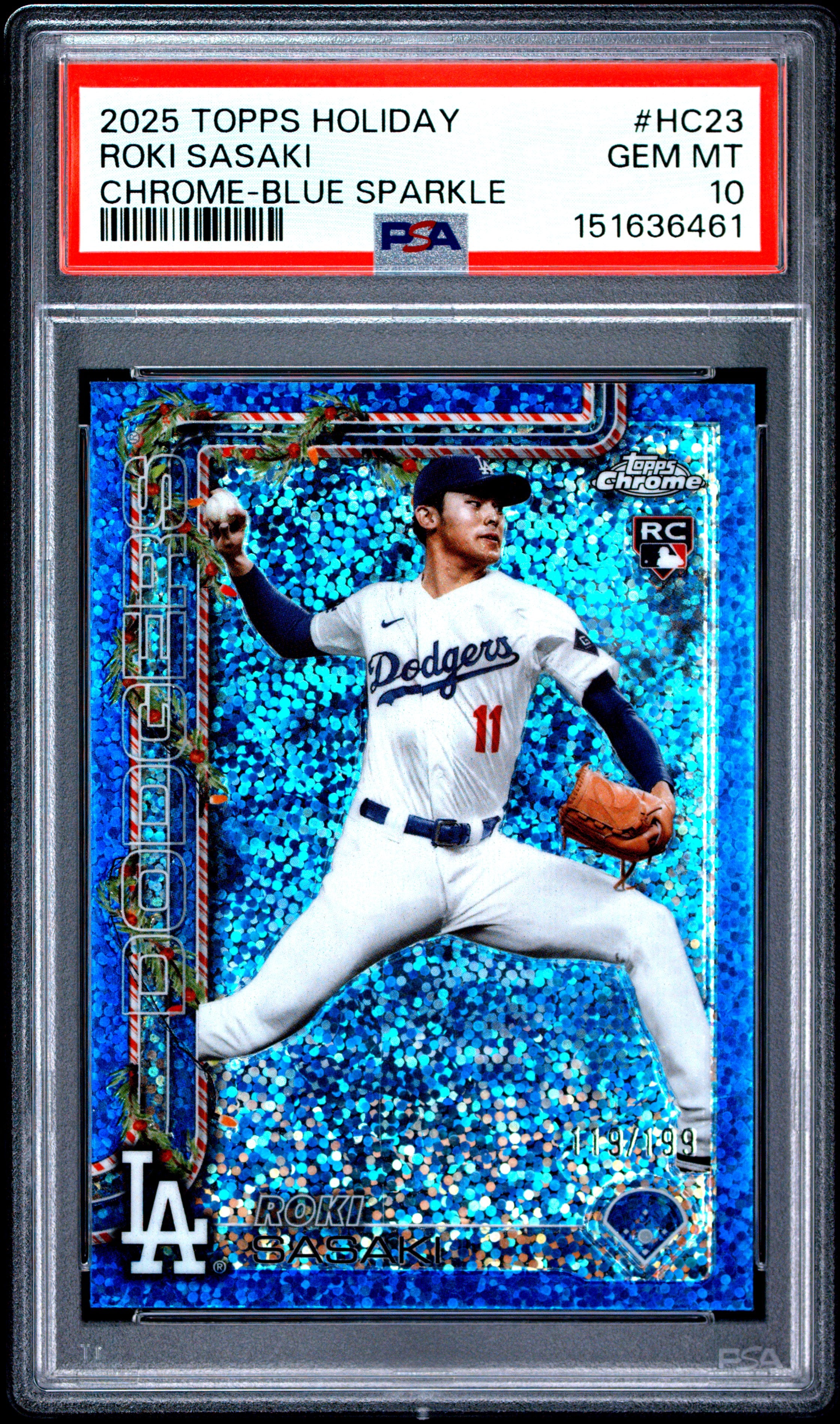 2025 TOPPS HOLIDAY HC23 ROKI SASAKI CHROME-BLUE SPARKLE PSA 10 - front