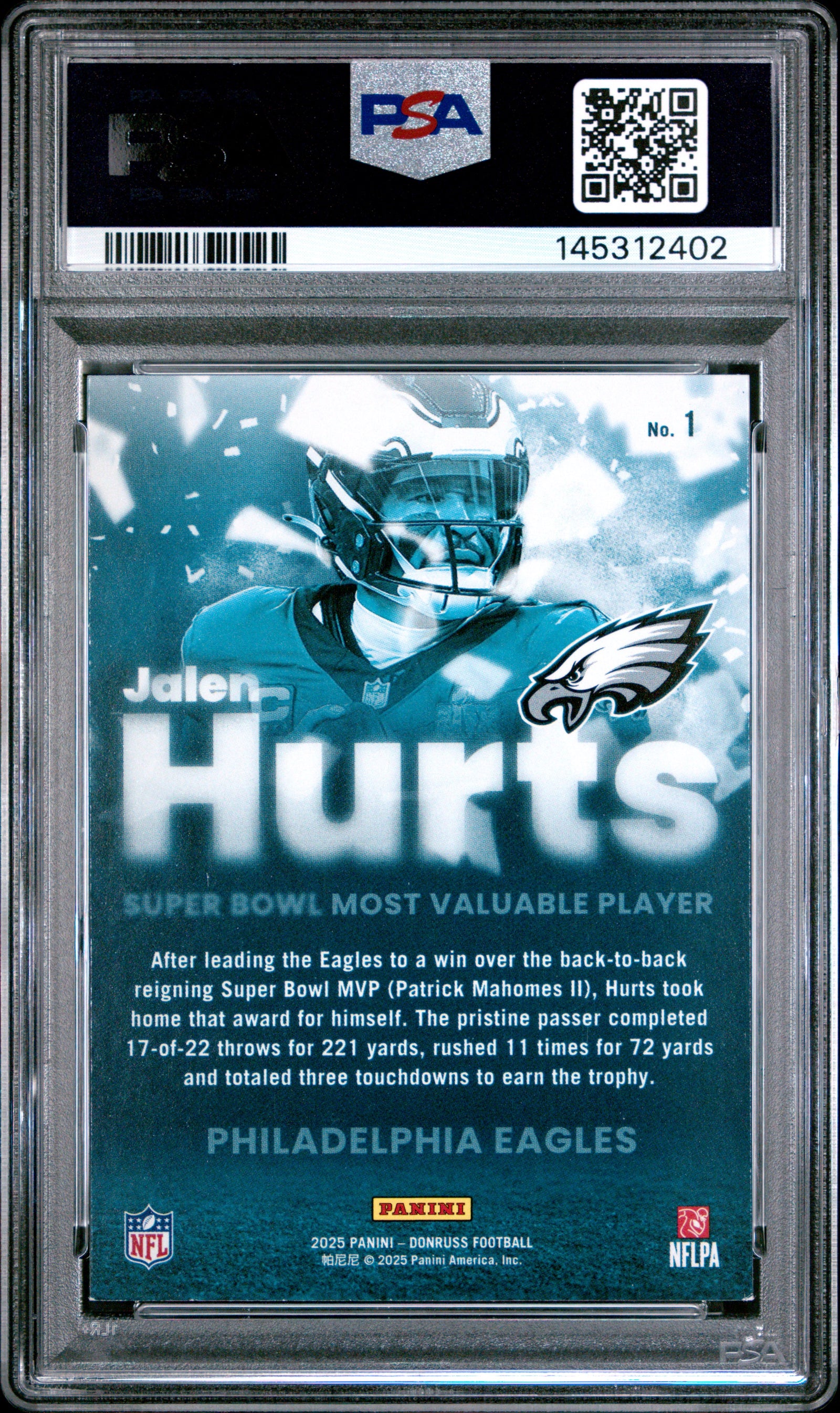 2025 Panini Donruss Super Bowl Mvp 1 Jalen Hurts PSA 7
