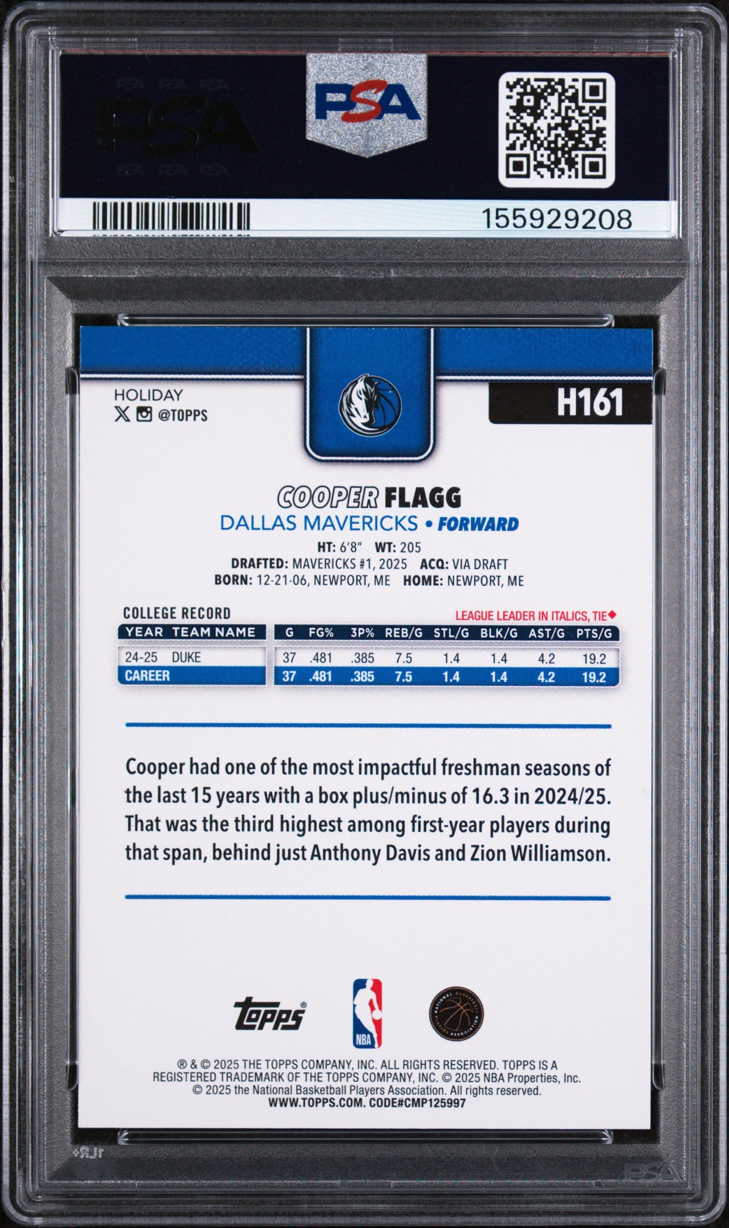 2025 TOPPS HOLIDAY H161 COOPER FLAGG PSA 7 - back
