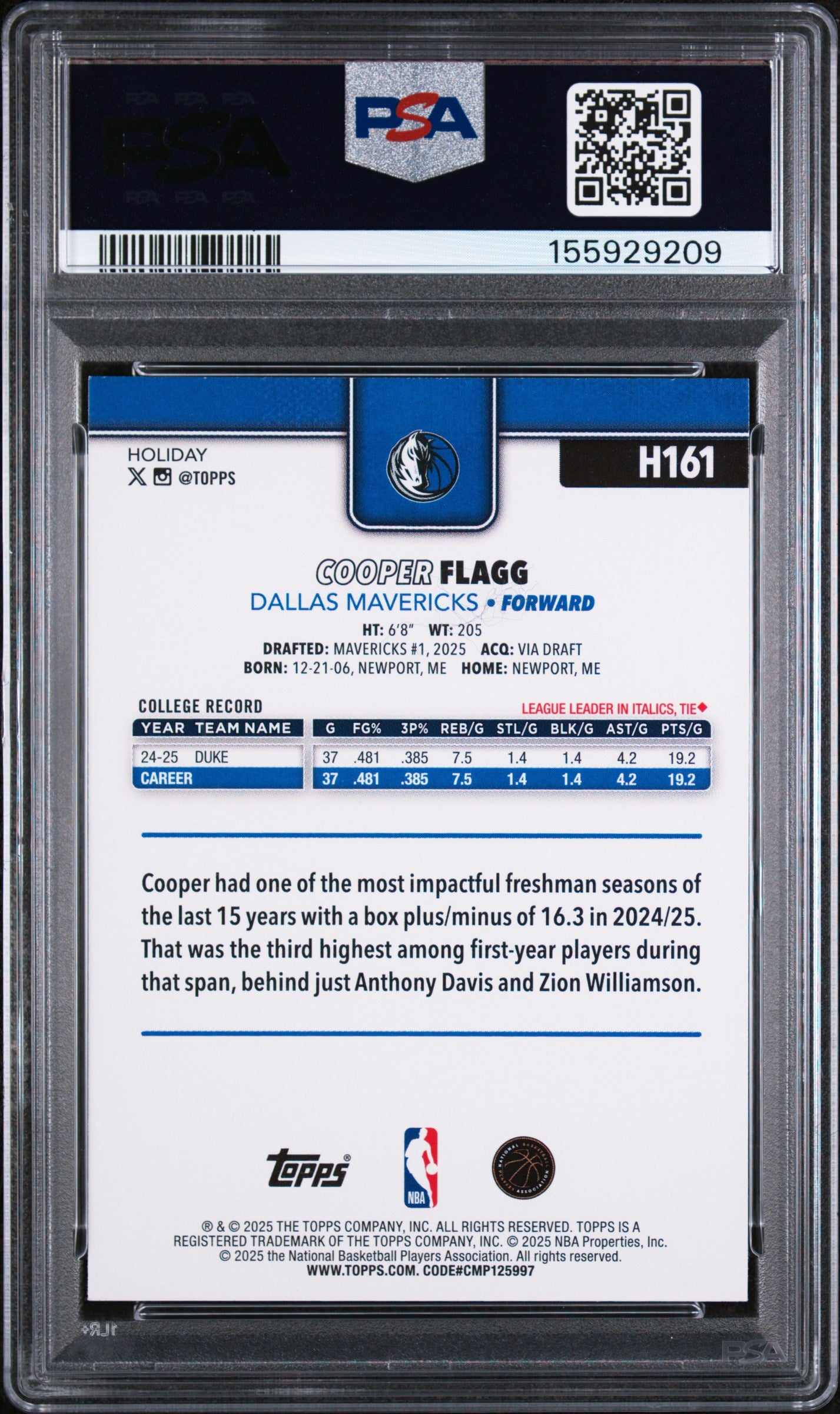 2025 TOPPS HOLIDAY H161 COOPER FLAGG PSA 7 - back