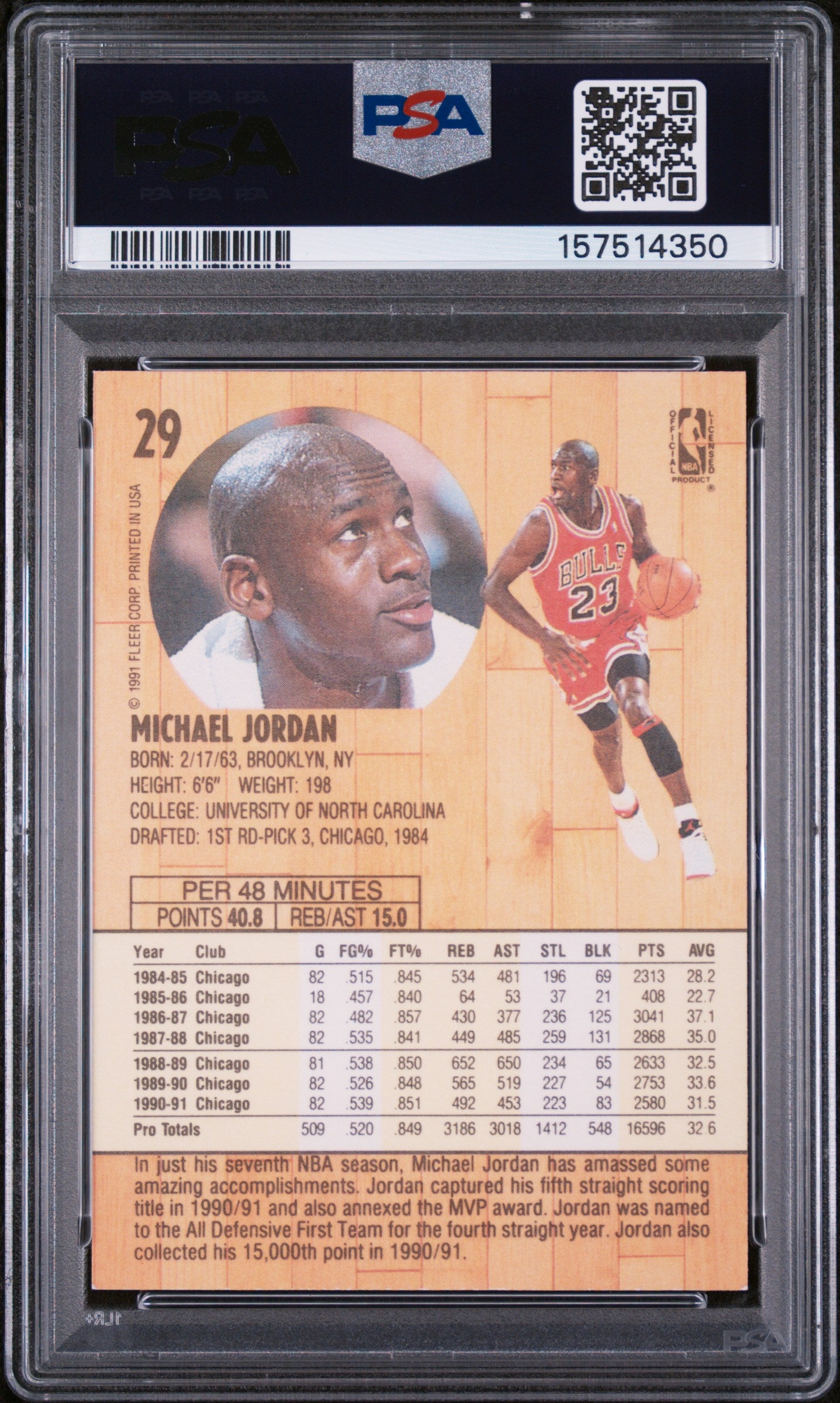 1991 FLEER 29 MICHAEL JORDAN PSA 8 - back