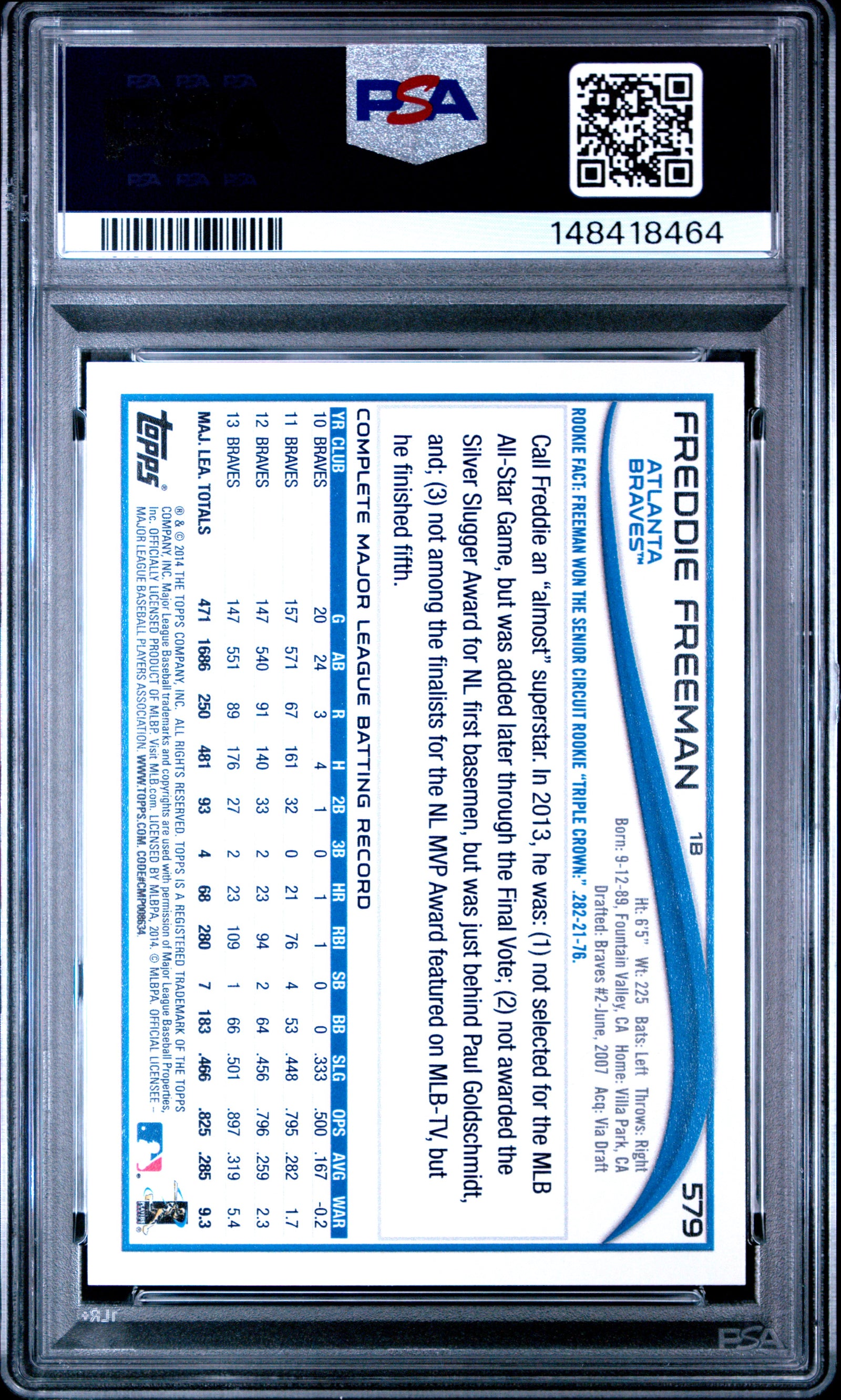 2014 Topps 579 Freddie Freeman No Sparkle On Belt PSA 10