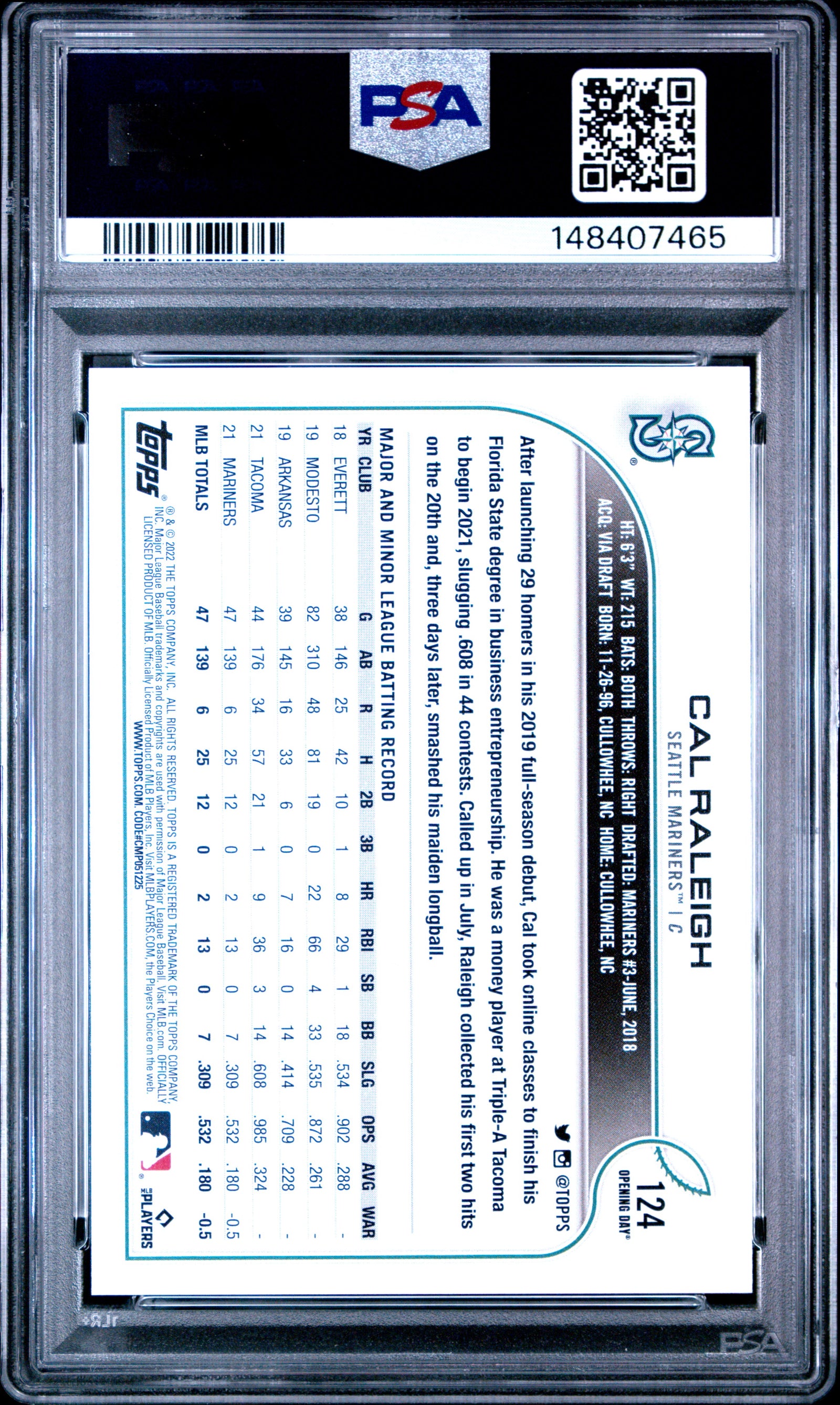 2022 Topps Opening Day 124 Cal Raleigh PSA 10