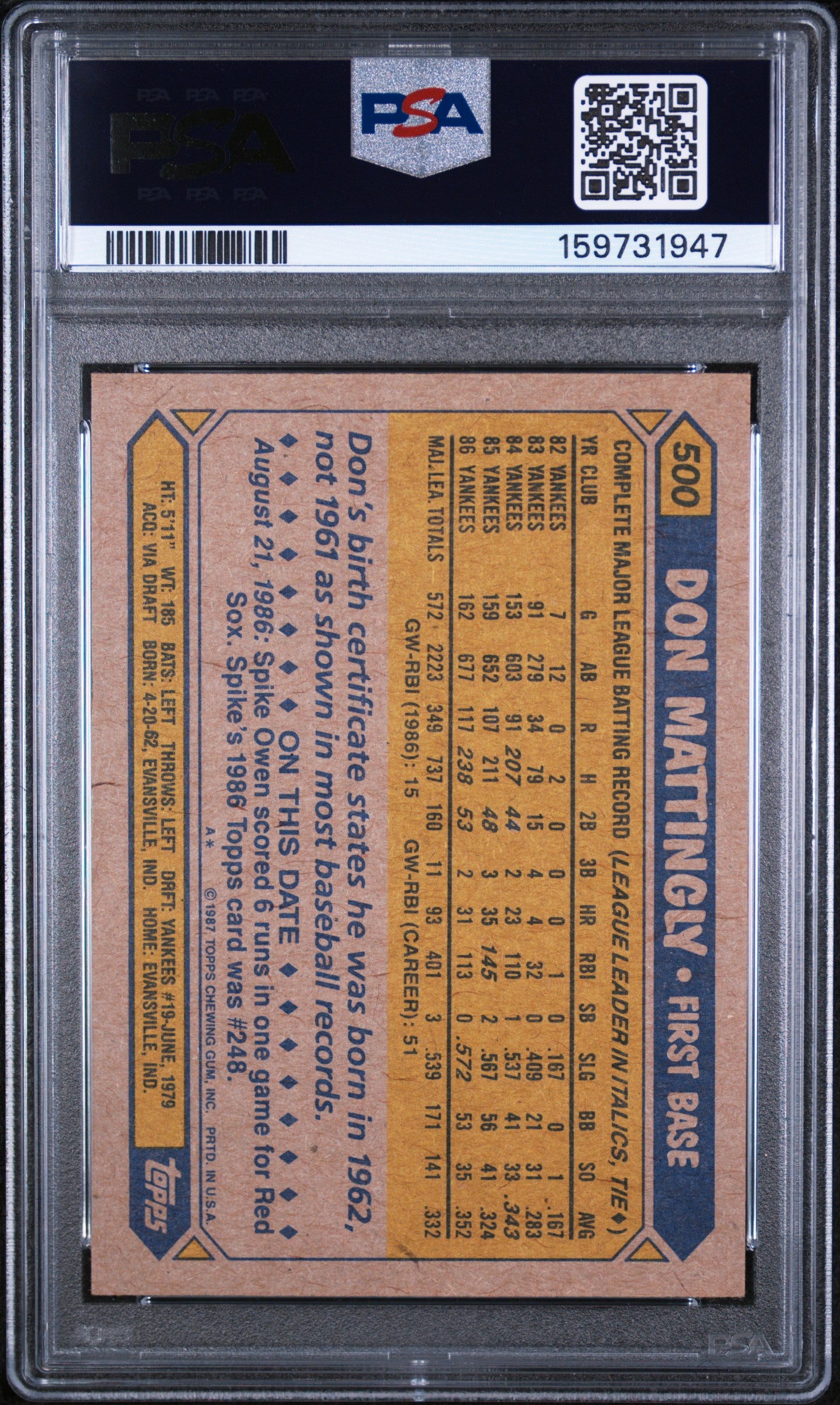 1987 TOPPS 500 DON MATTINGLY PSA 8 - back