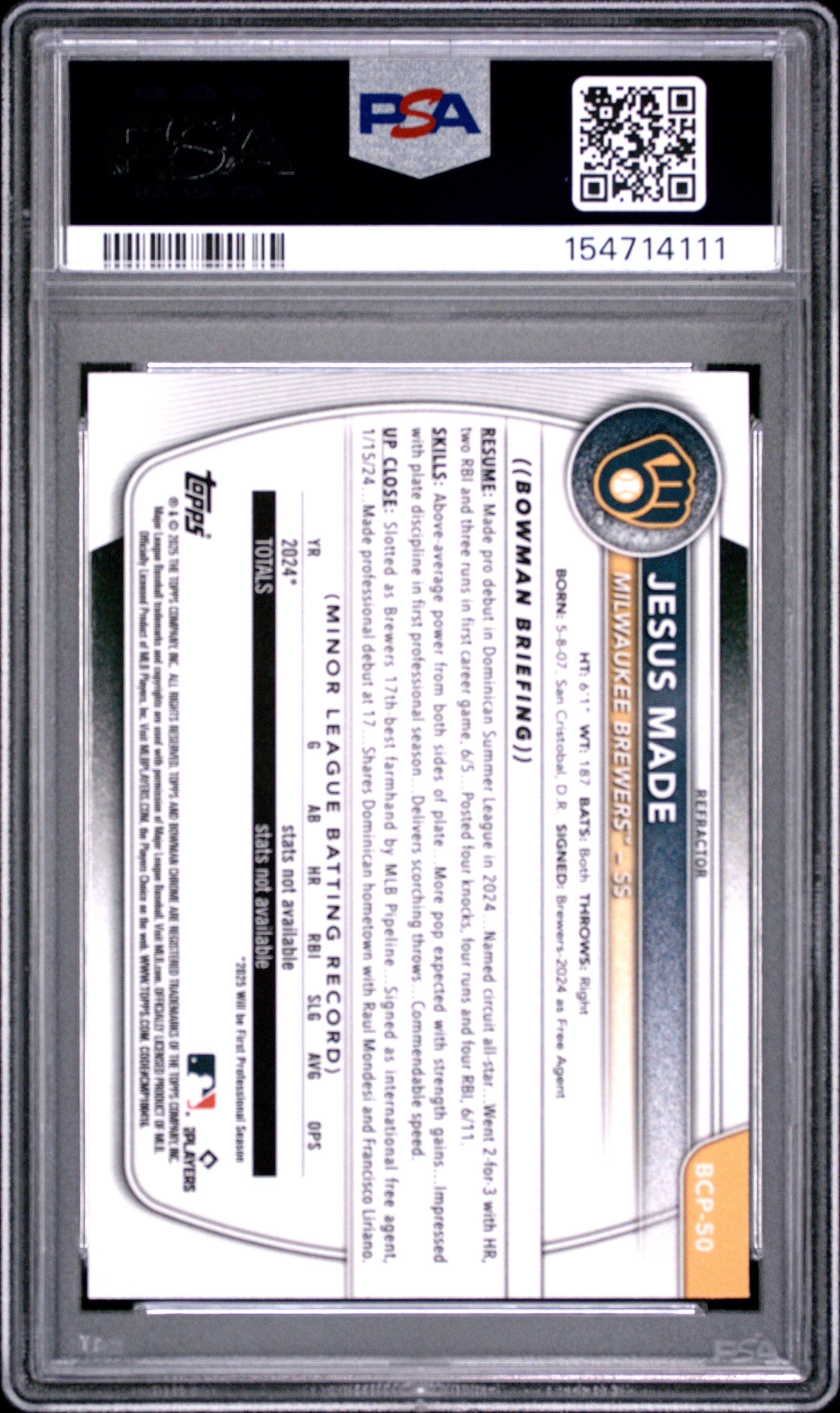 2025 BOWMAN CHROME PROSPECTS BCP50 JESUS MADE REFRACTOR PSA 9 - back