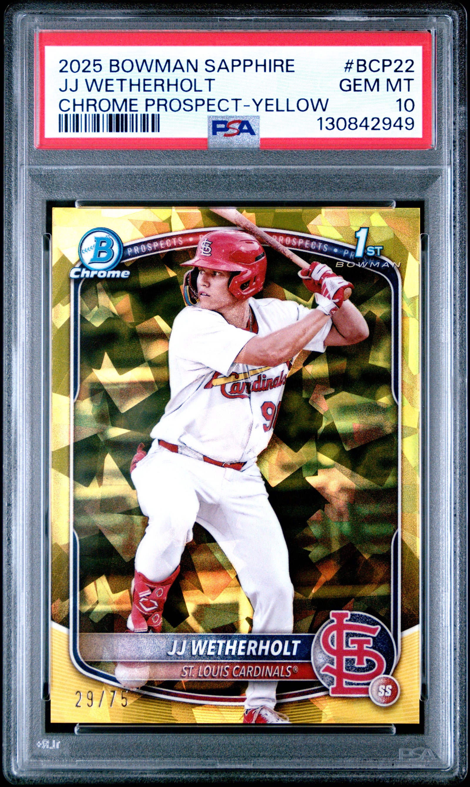 2025 BOWMAN SAPPHIRE EDITION CHROME PROSPECTS BCP22 JJ WETHERHOLT YELLOW PSA 10 - front