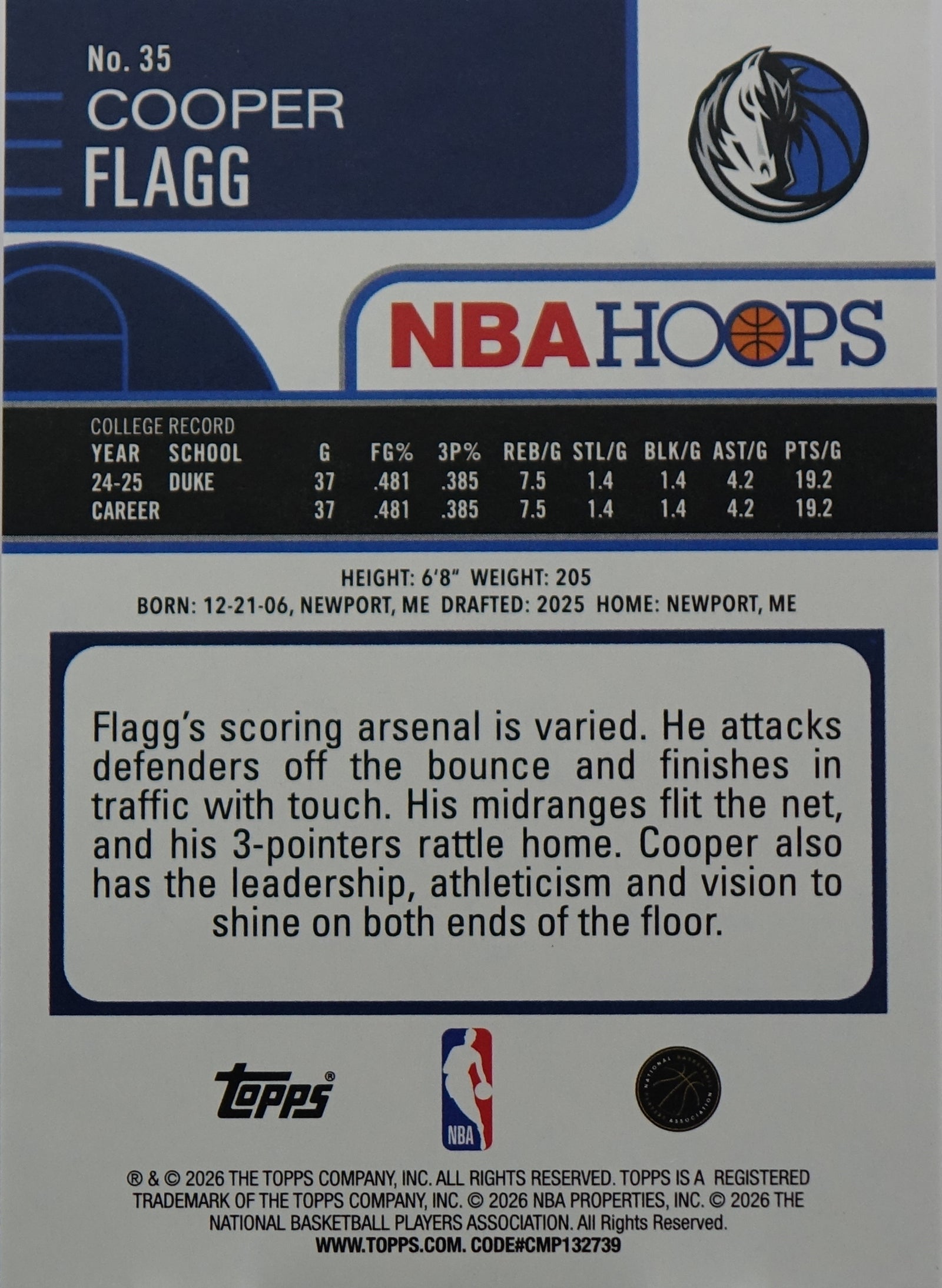 2025-26 Topps NBA Hoops Cooper Flagg #35 RC Rookie Purple Speckle /99