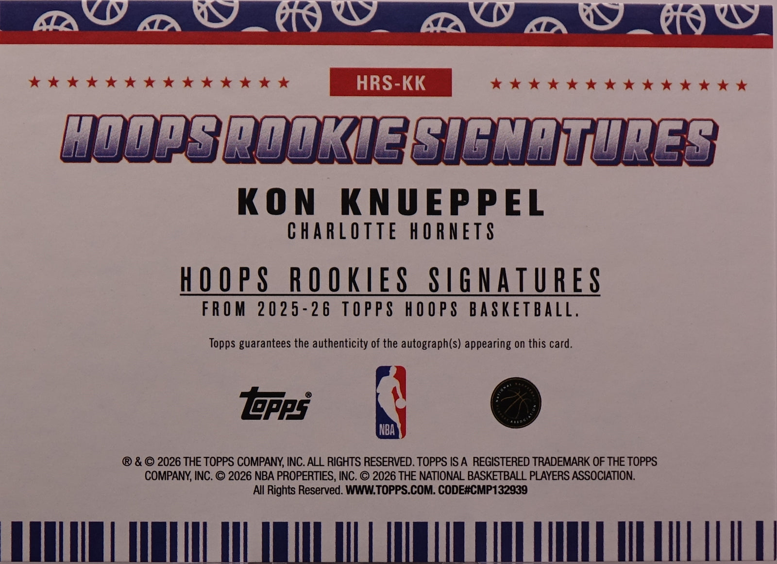 2026 NBA Hoops Rookie Signatures Kon Knueppel Hornets HRS-KK Auto RC