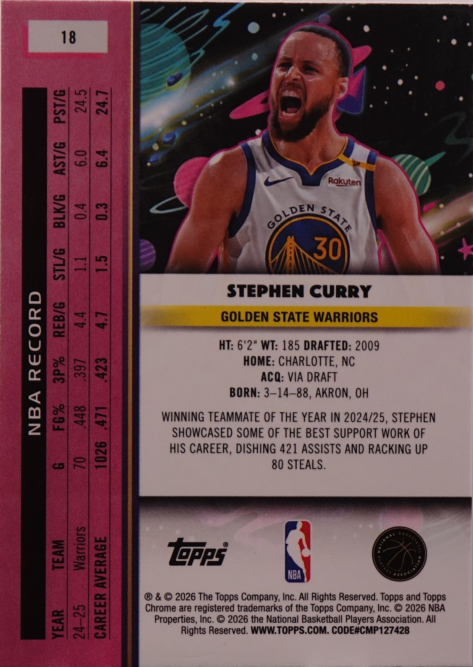 2026 Topps Cosmic Chrome Stephen Curry #18 Green Space Dust Warriors /75