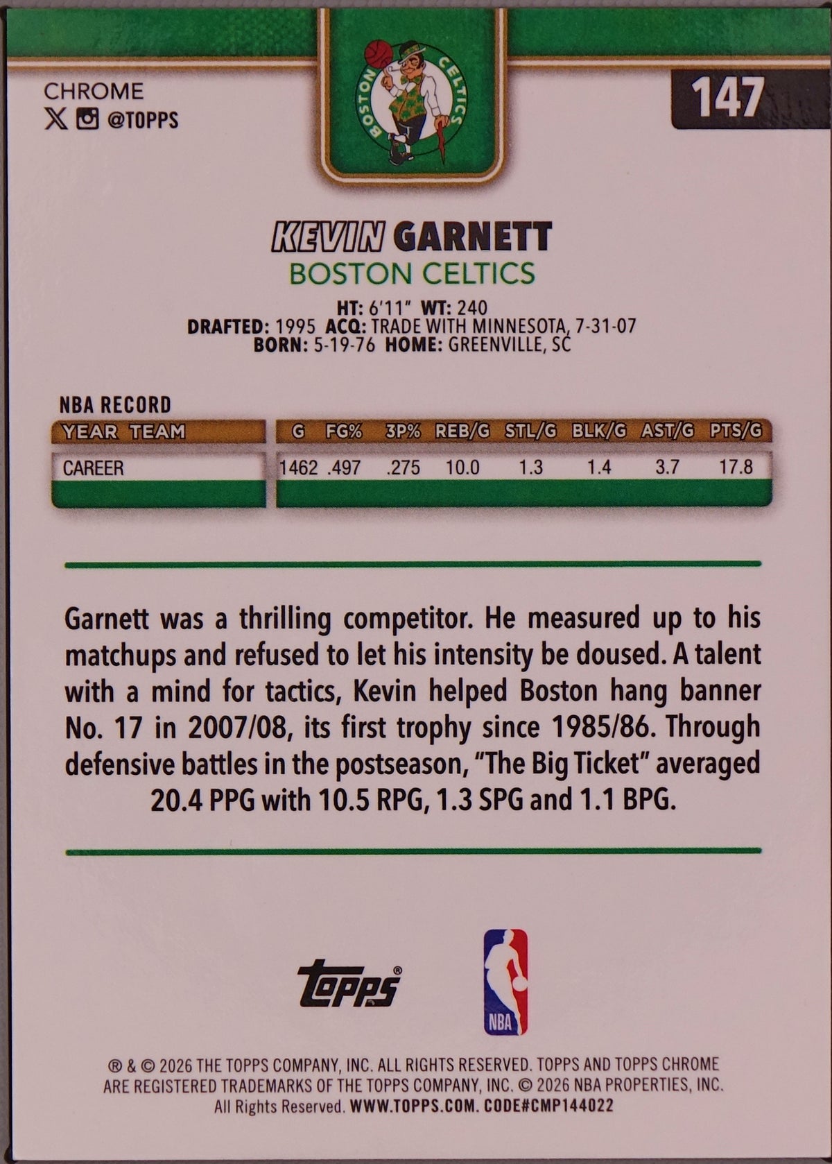 2026 Topps Chrome Kevin Garnett Celtics True Gold Parallel /50 #147 SP