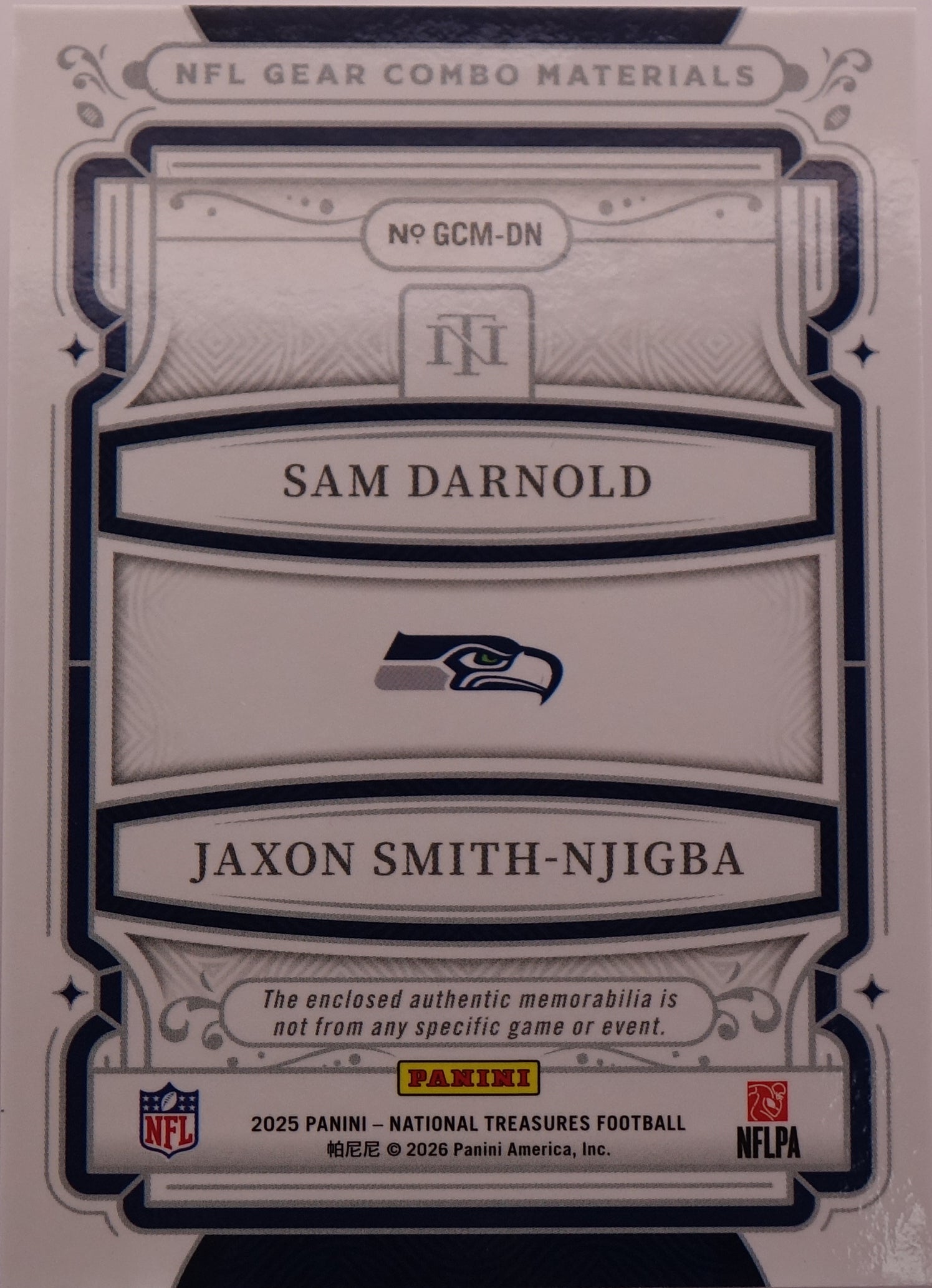 2025 Panini National Treasures NFL Gear Combo Darnold/Smith-Njigba GCM-DN