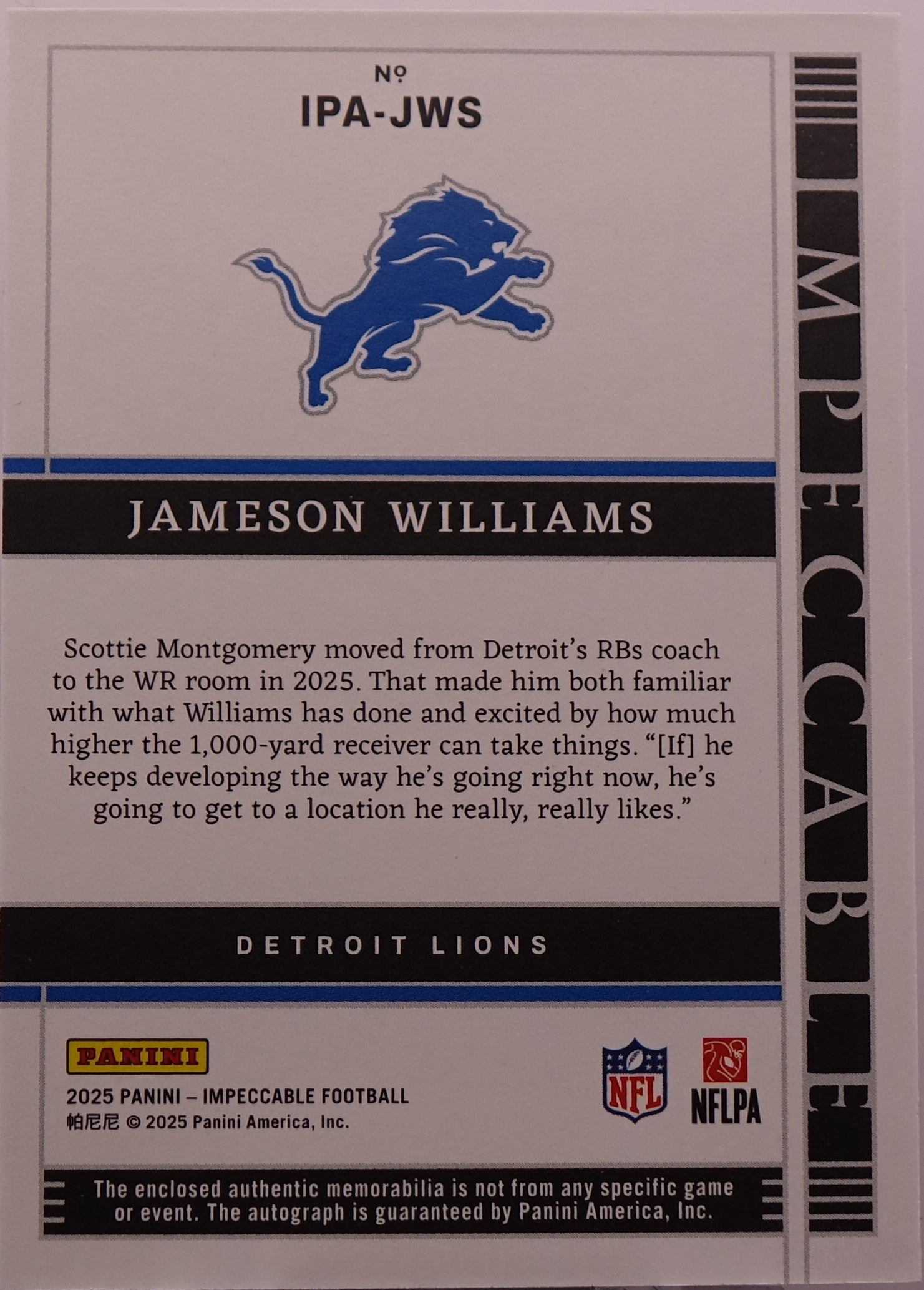2025 Panini Impeccable Patch Auto #IPA-JWS Jameson Williams Lions /99 SP