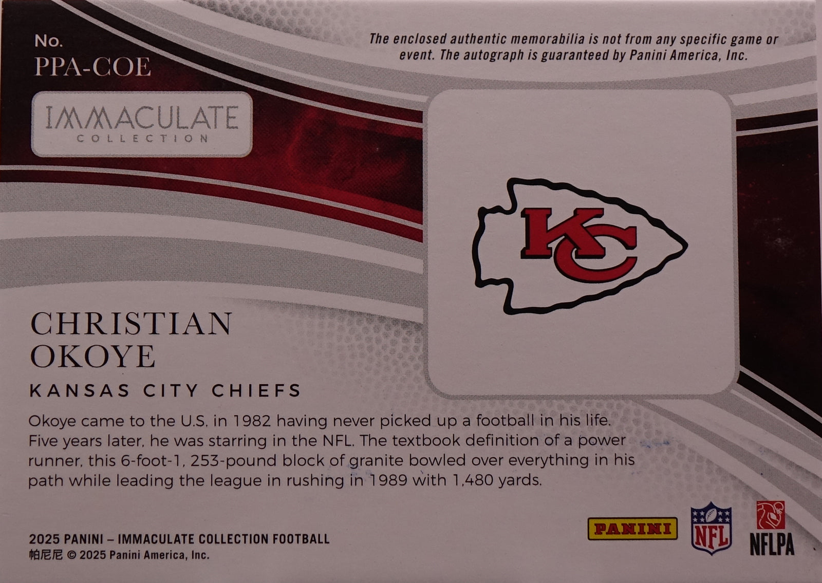 2025 Panini Immaculate Christian Okoye Premium Patch Auto #PPA-COE /99