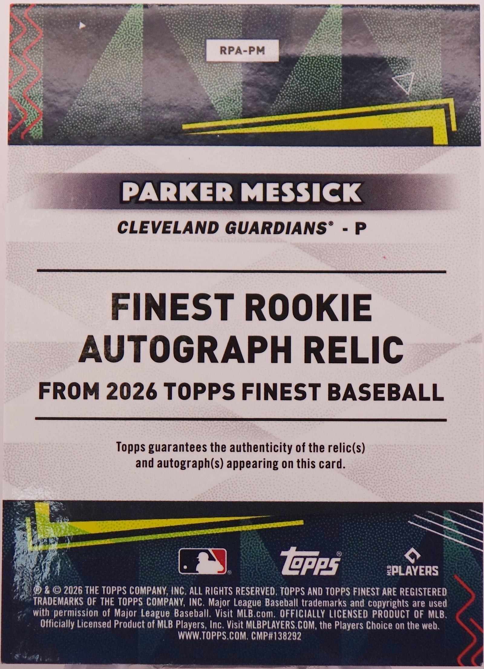 Topps Finest 2026 Parker Messick RC Auto Relic /25 #RPA-PM