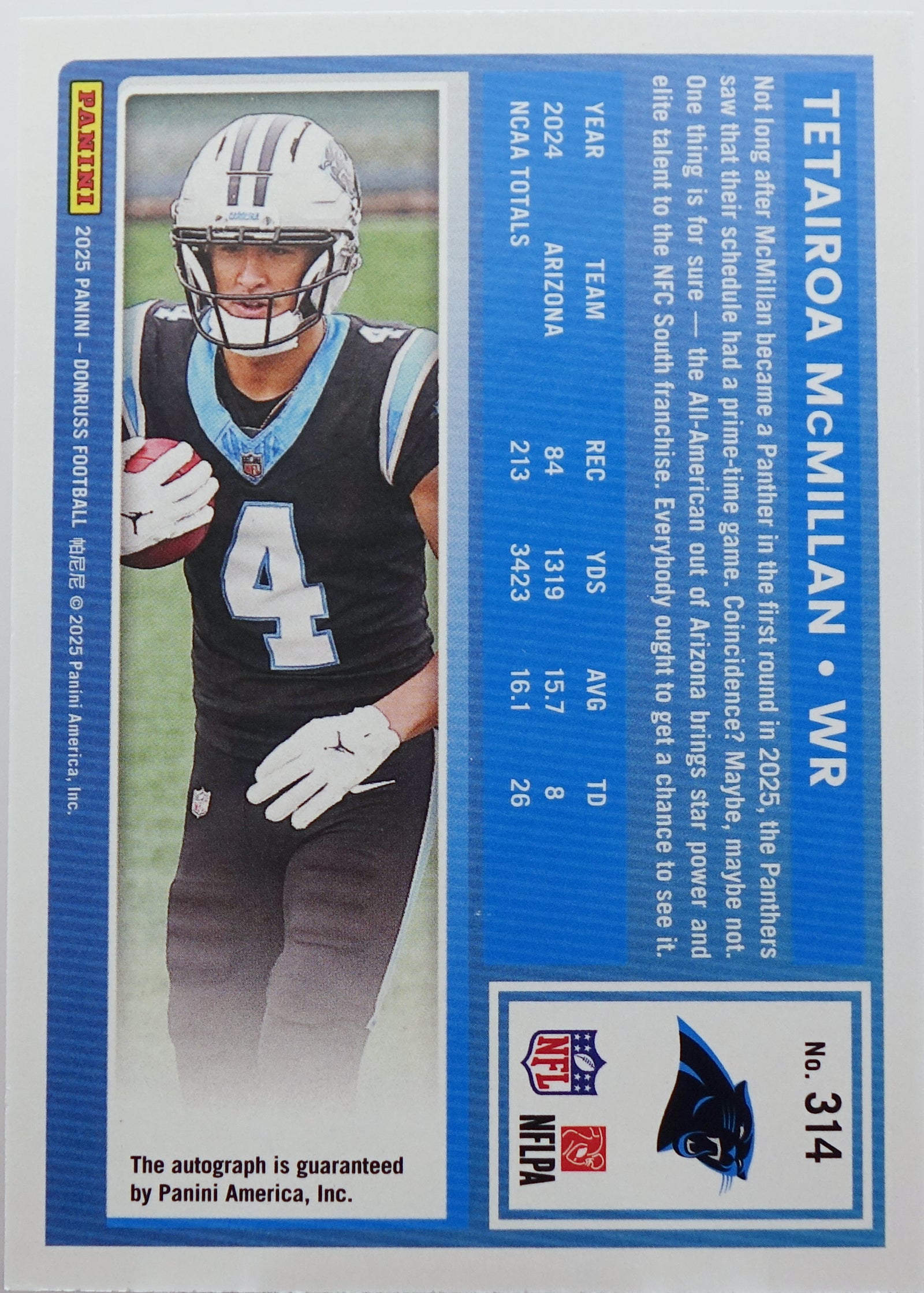 Panini 2025 Donruss Tetairoa McMillan #314 Rated Rookie Autograph