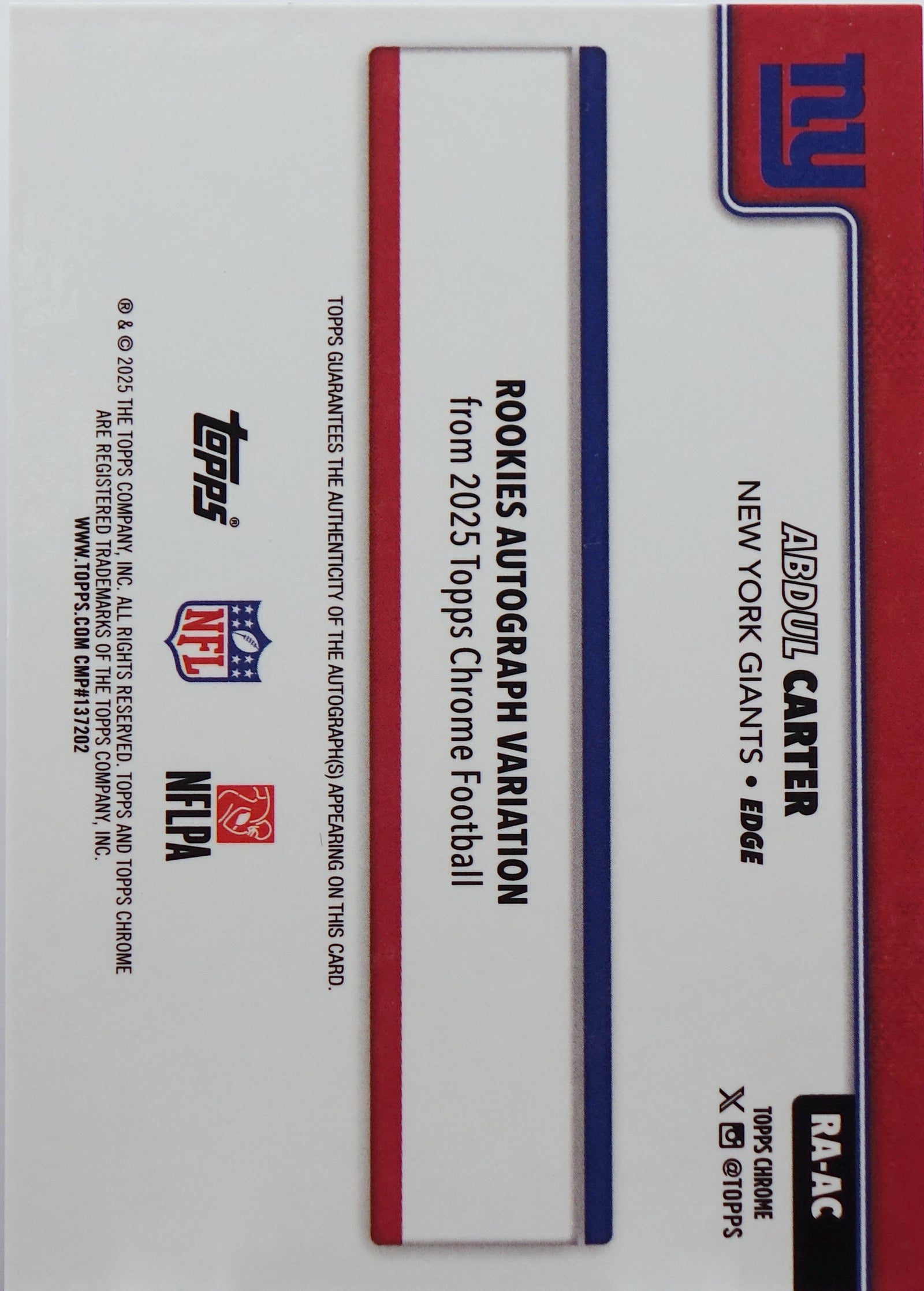 Topps 2025 Topps Chrome Abdul Carter Giants #RA-AC Edge /150 Auto