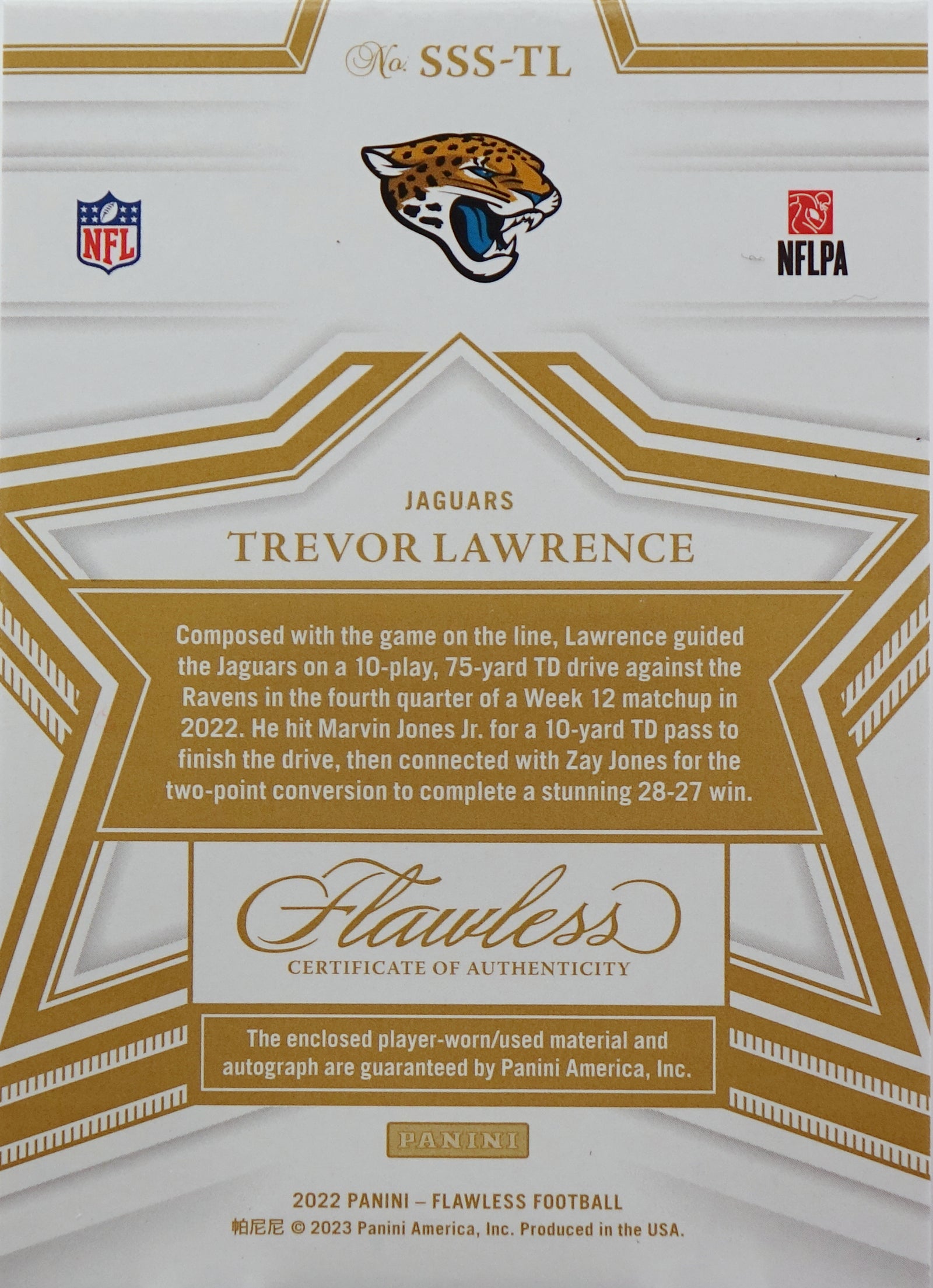 Trevor Lawrence 2022 Panini Flawless Gold Star Swatch Signatures Patch Auto /20