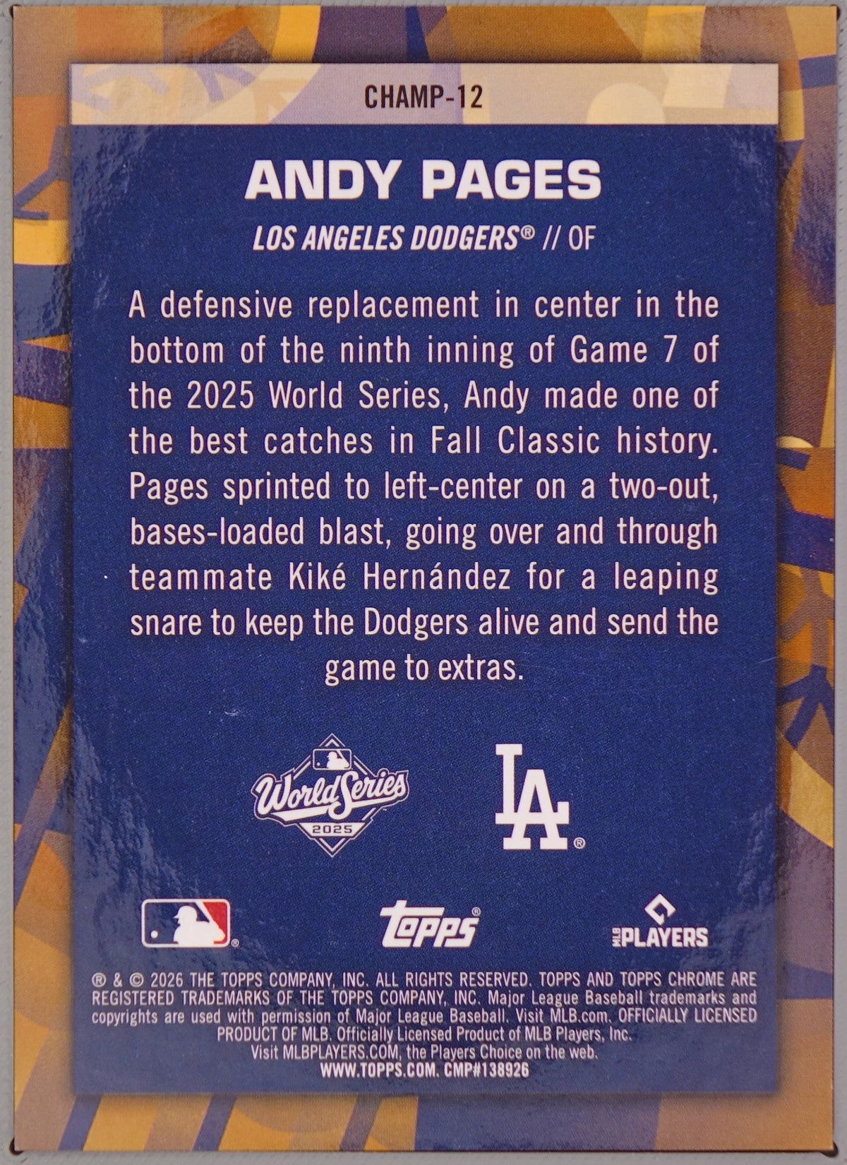 2026 Topps Chrome Andy Pages #CHAMP-12 World Series Champions Gold /50