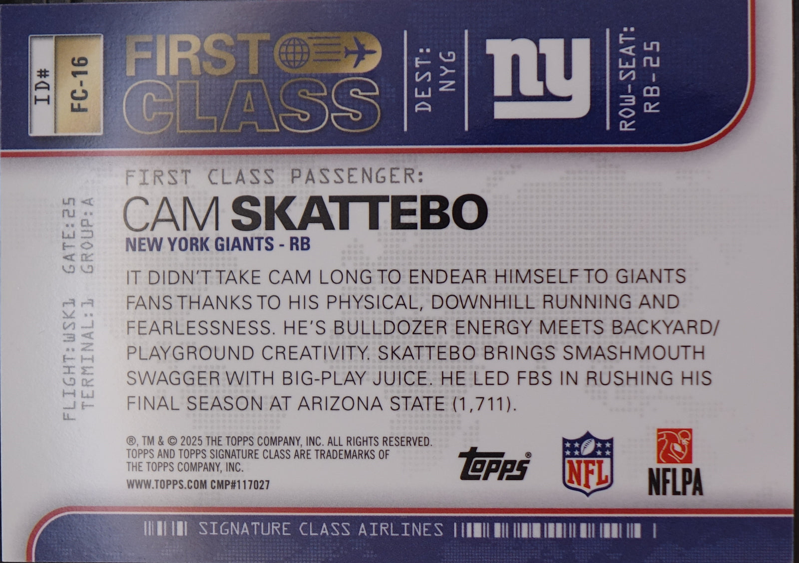 2025 Topps Signature Class Cam Skattebo RC First Class SSP #FC-16