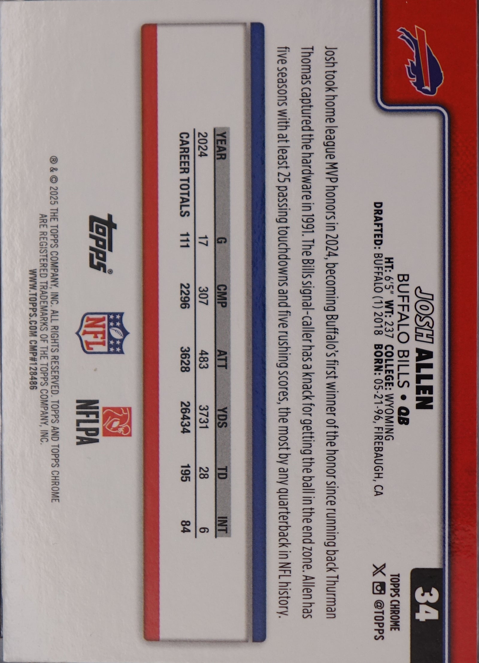 Topps chrome 2025 Josh Allen Bills #34 image variation SSP