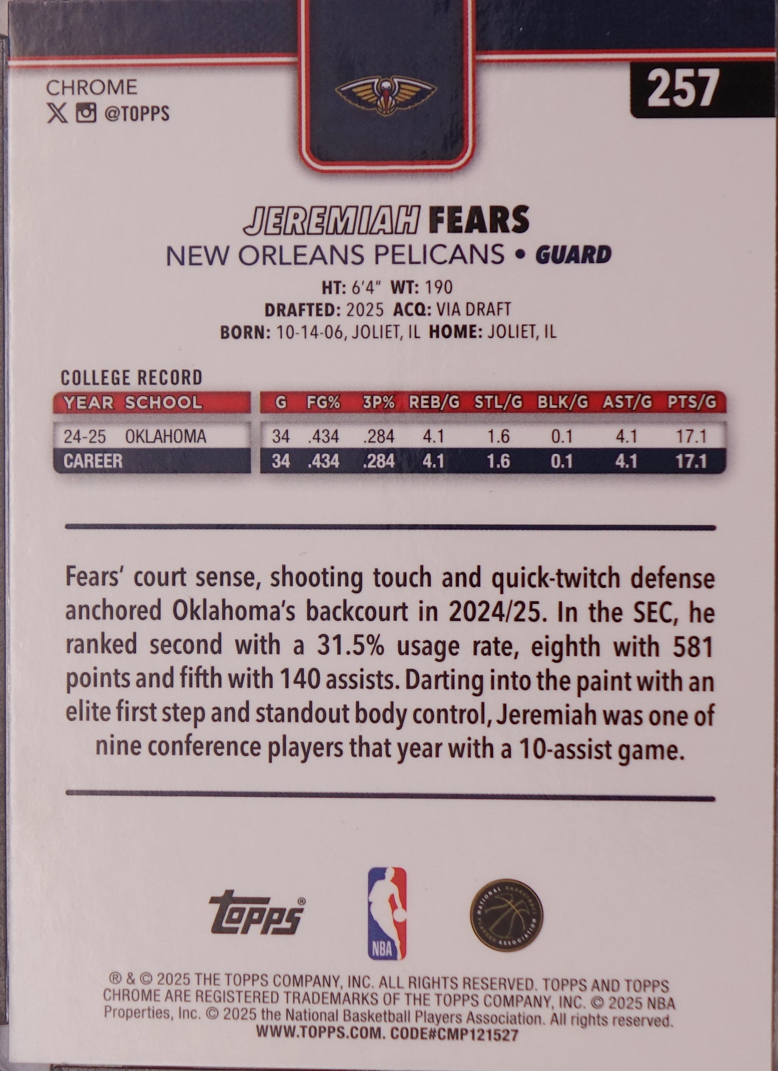 2025-26 Topps Chrome - Jeremiah Fears #257 Green RayWave Refractor /99 (RC)