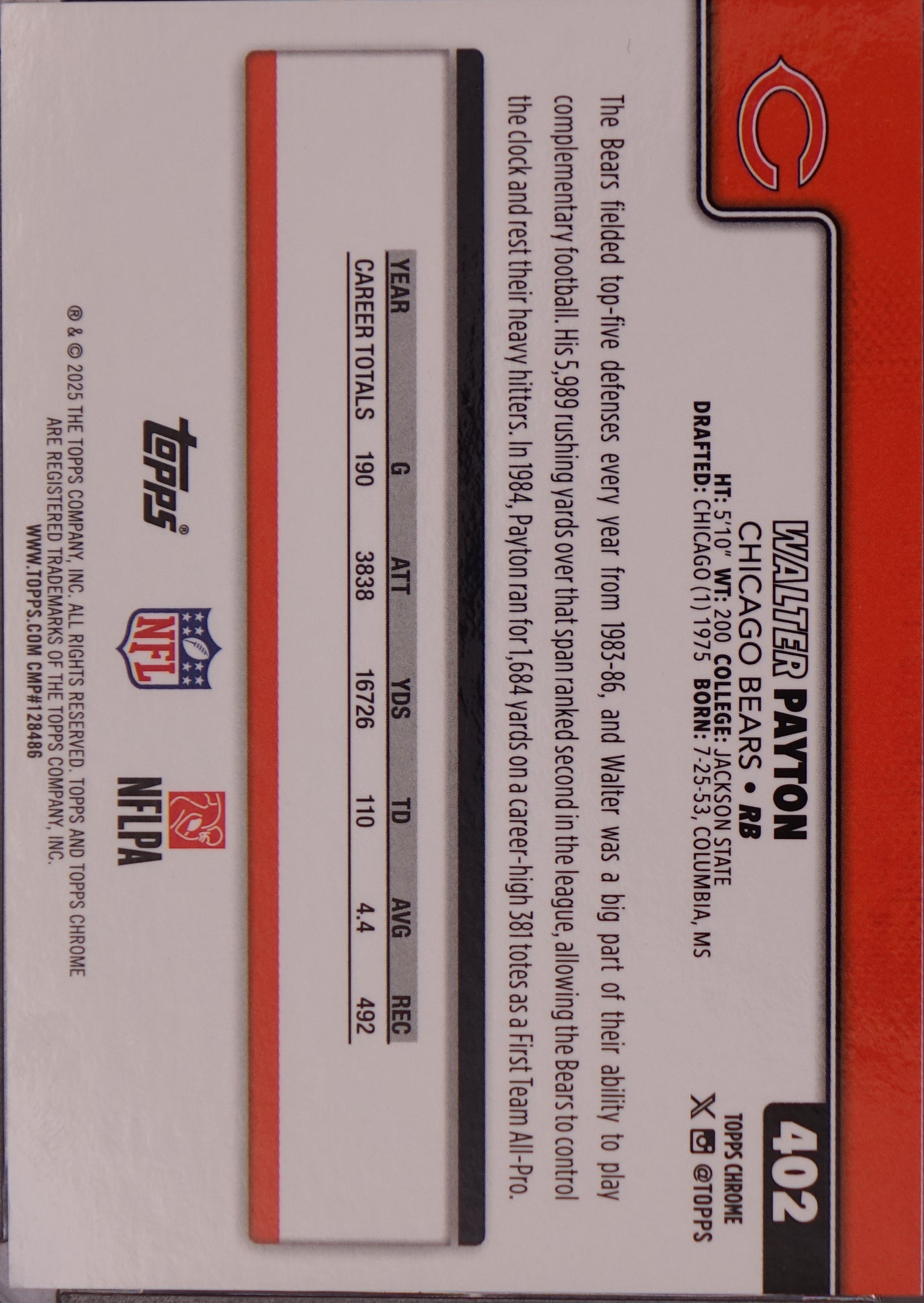 2025 Topps Chrome - Image Variation Walter Payton #402 Orange Refractor /25