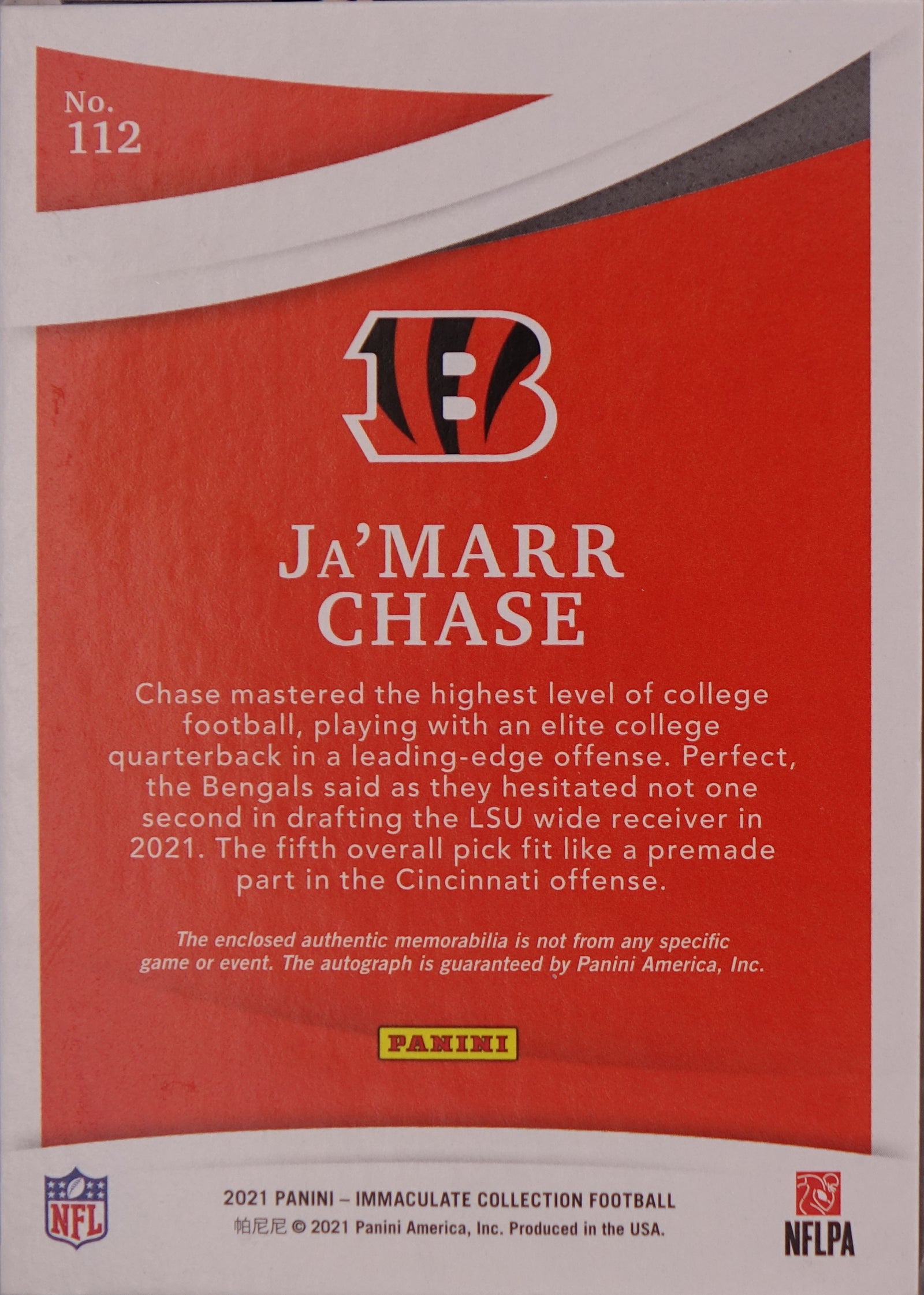 2021 Panini Immaculate - Rookie Patch Autographs (RPA) - Ja'Marr Chase #112 /99