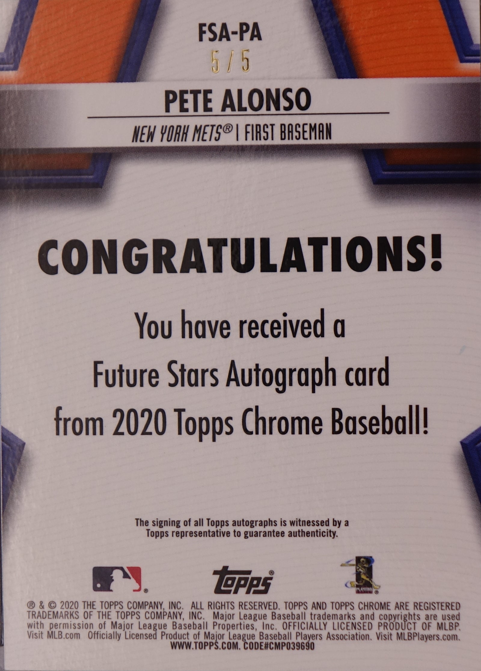 2020 Topps chrome future stars Pete Alonso fsa-pa auto /5