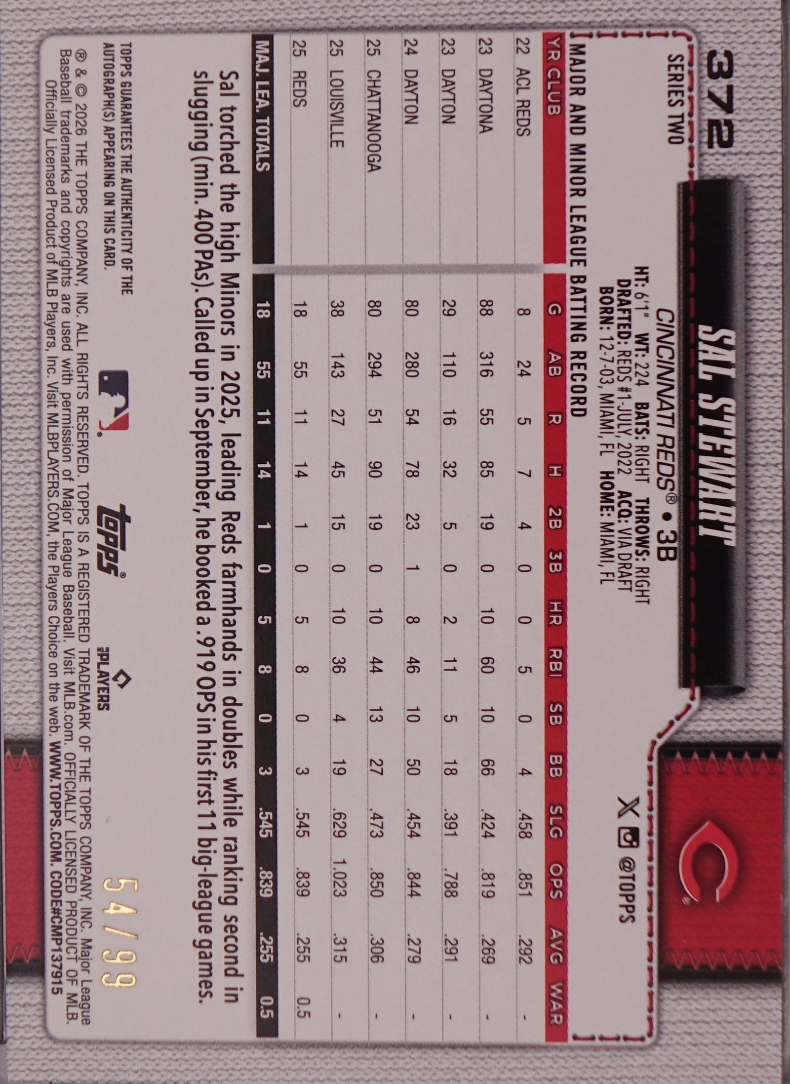 Sal Stewart 2026 Topps Flagship Real One Auto #372 Green /99 Rookie