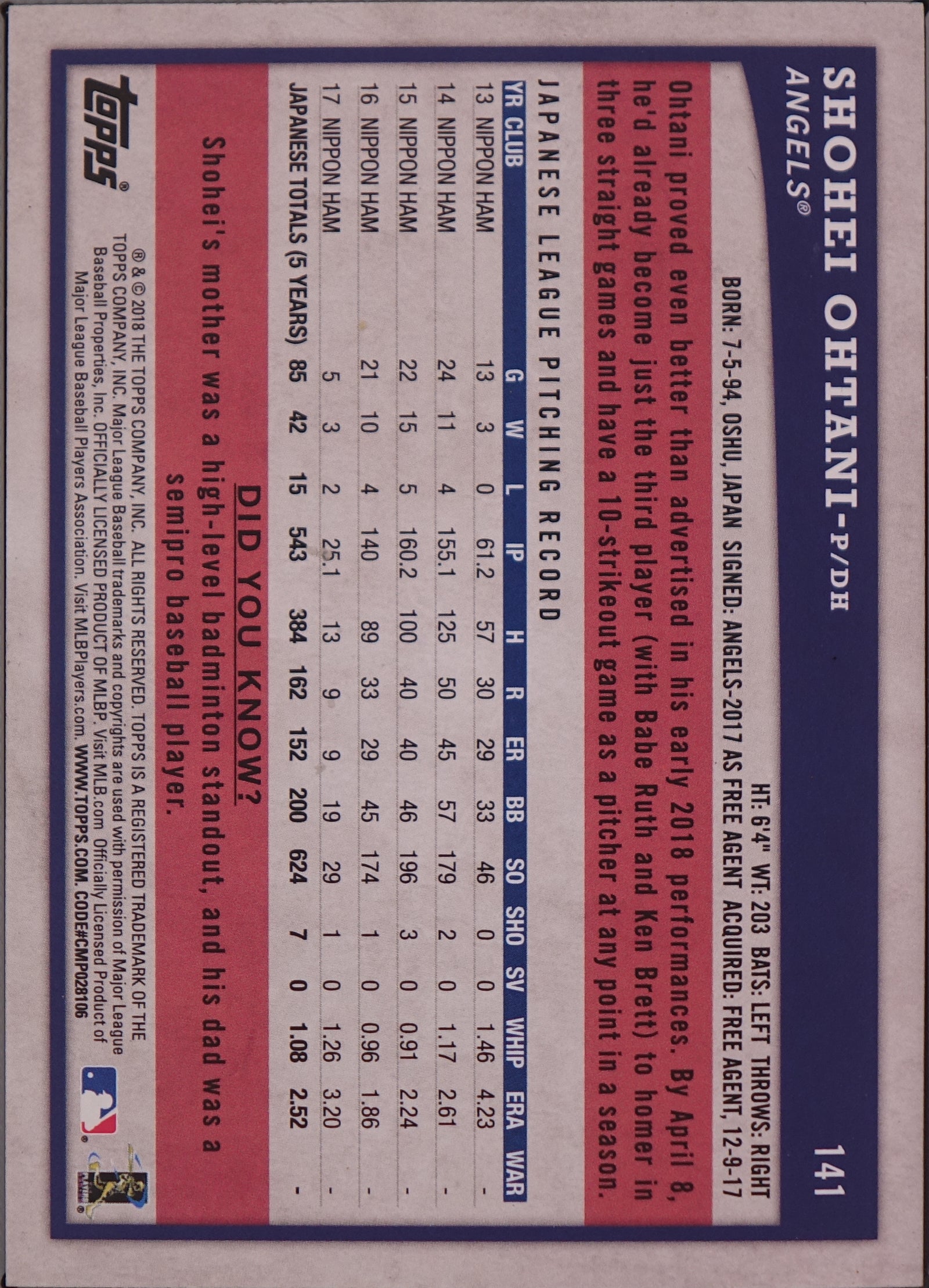 2018 Topps Big League - Shohei Ohtani #141 Gold (RC)