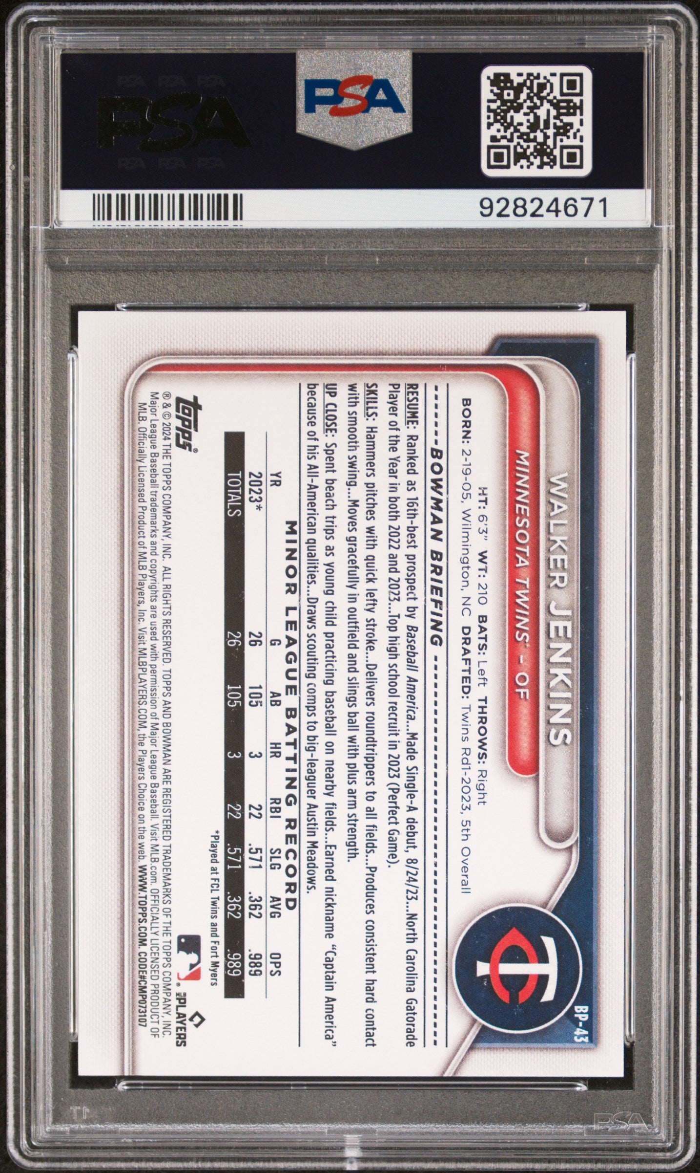 2024 Bowman Paper Prospects Bp43 Walker Jenkins PSA 10