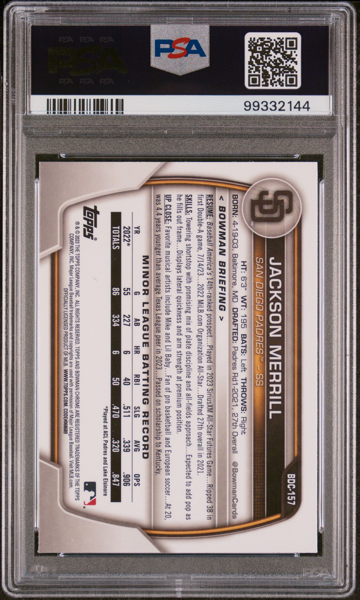 2023 BOWMAN DRAFT BDC157 JACKSON MERRILL CHROME PSA 10 - back