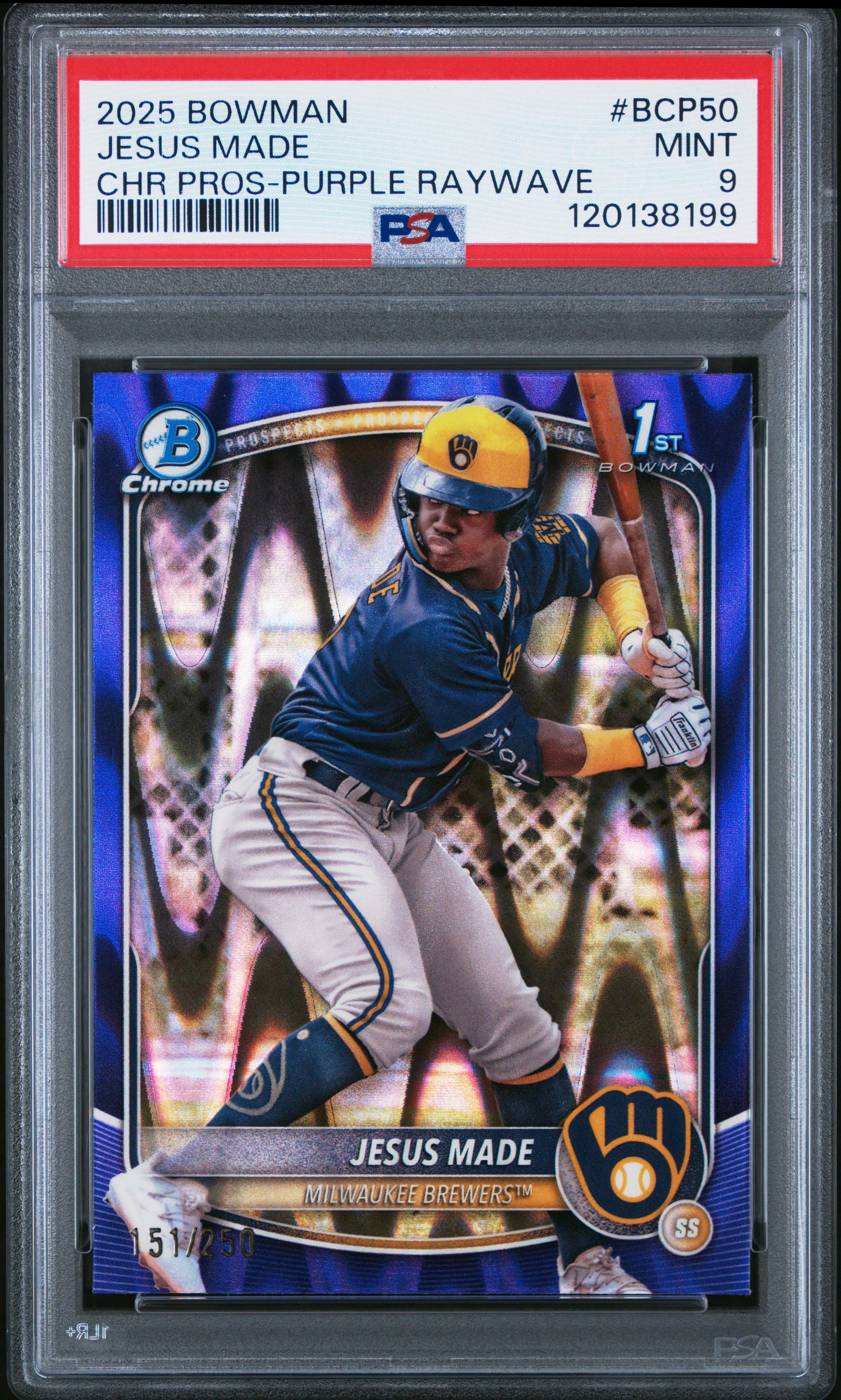 2025 BOWMAN CHROME PROSPECTS BCP50 JESUS MADE PURPLE RAYWAVE PSA 9 - front