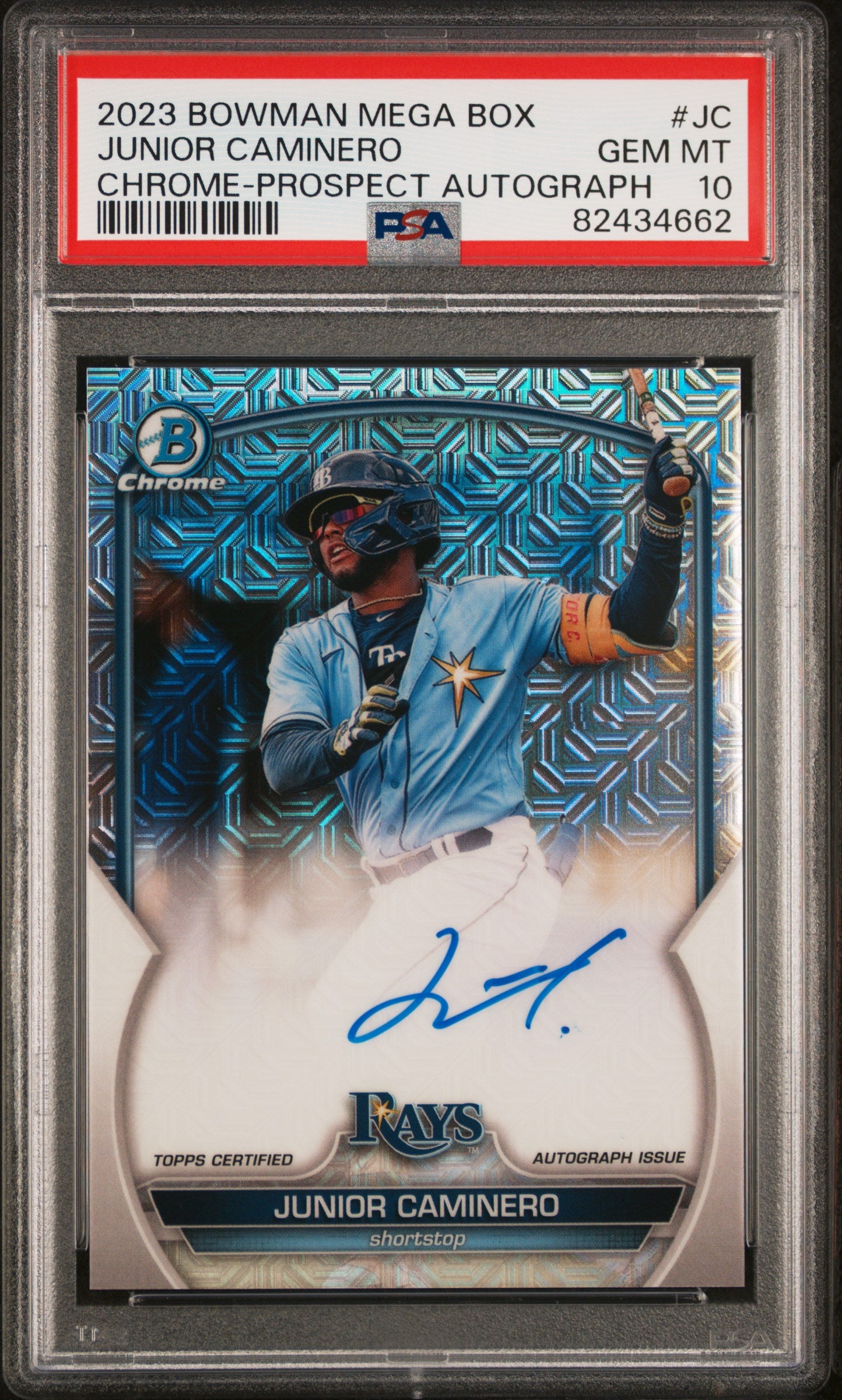 2023 BOWMAN MEGA BOX CHROME PROSPECT AUTOGRAPHS JC JUNIOR CAMINERO PSA 10 - front